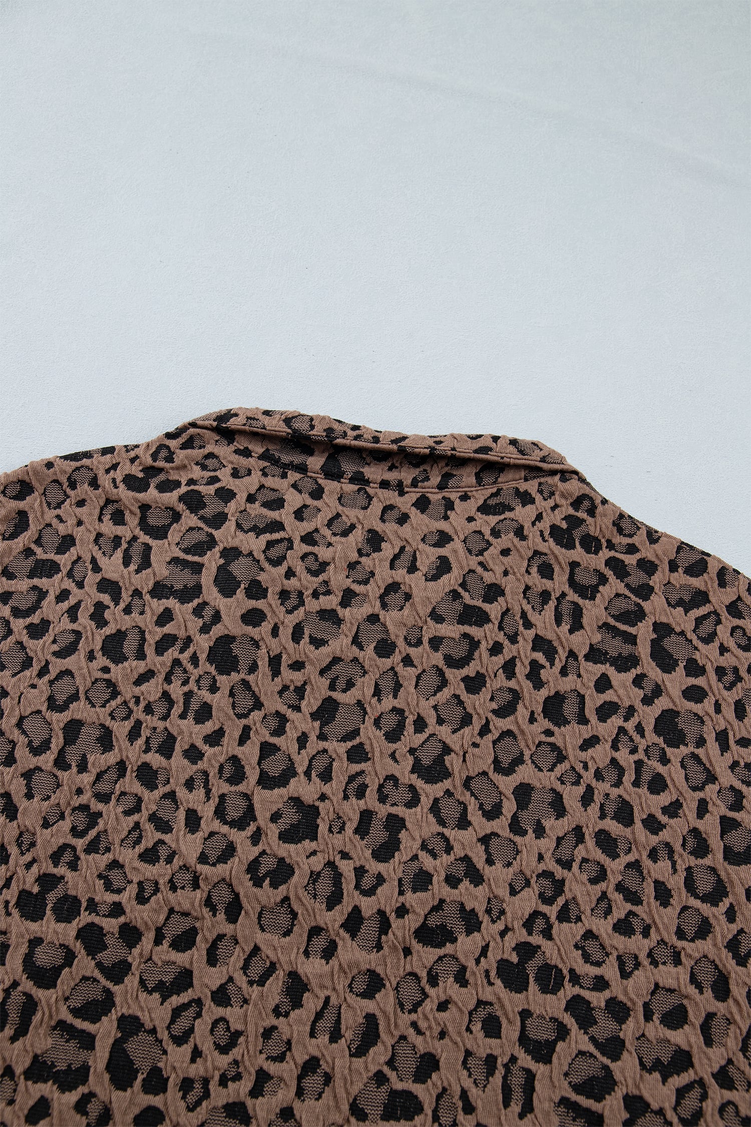 Brown Leopard Jacquard Striped Patchwork Half Zip Short Sleeve Blouse