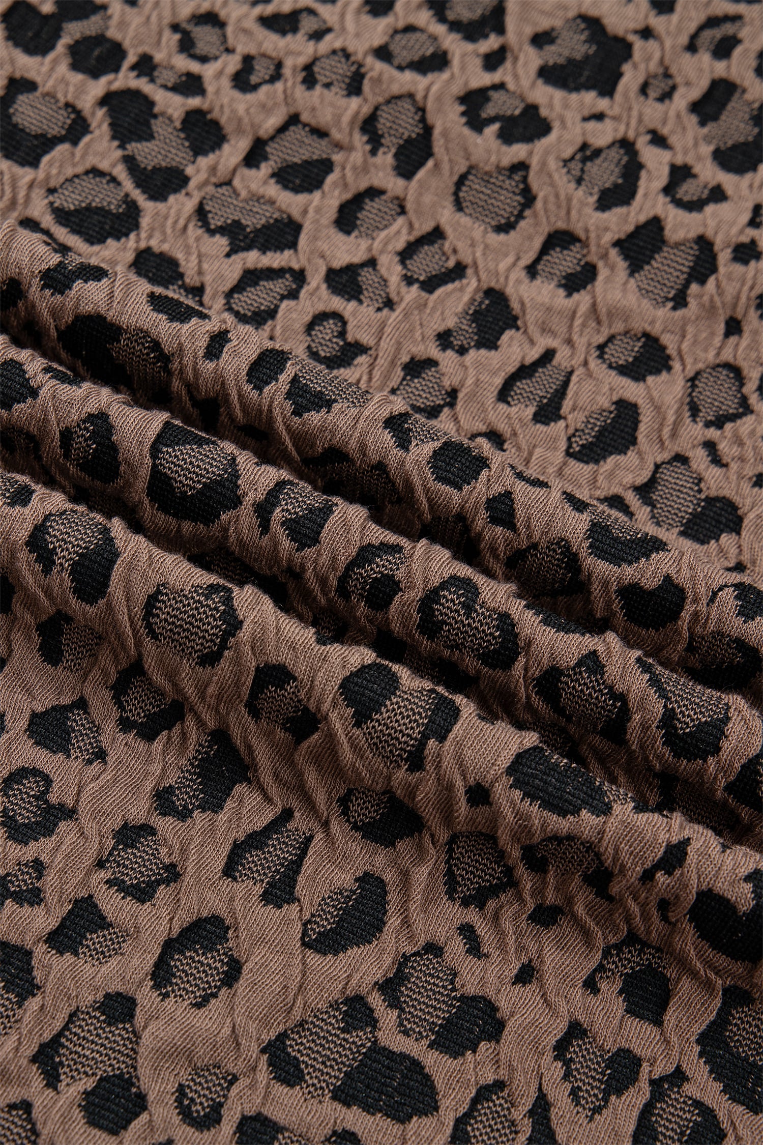 Brown Leopard Jacquard Striped Patchwork Half Zip Short Sleeve Blouse
