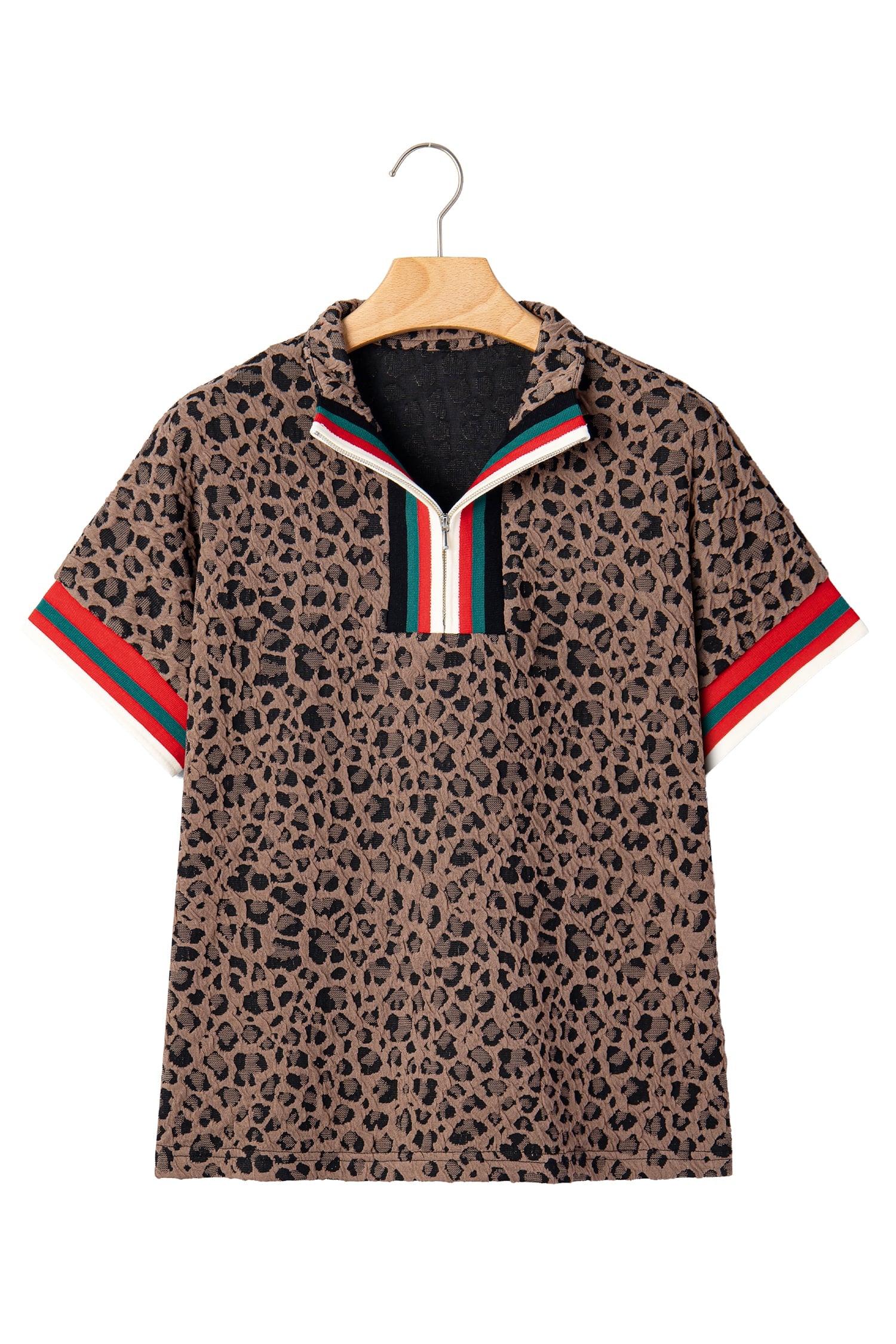 Brown Leopard Jacquard Striped Patchwork Half Zip Short Sleeve Blouse