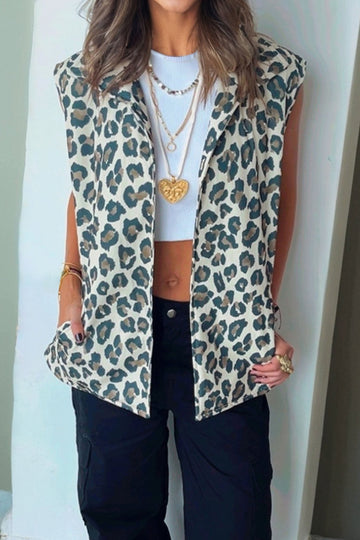 Brown Leopard Open Front Jacket Vest