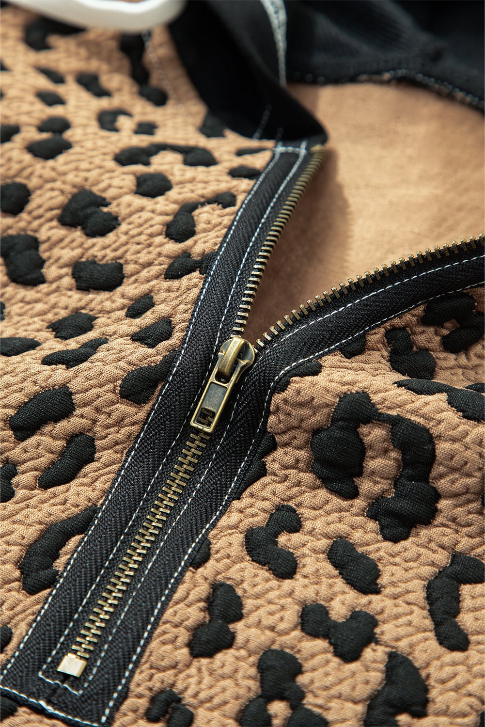 Brown Leopard Patchwork Contrast Stitching Knotted Cuff Quarter Zip Hoodie