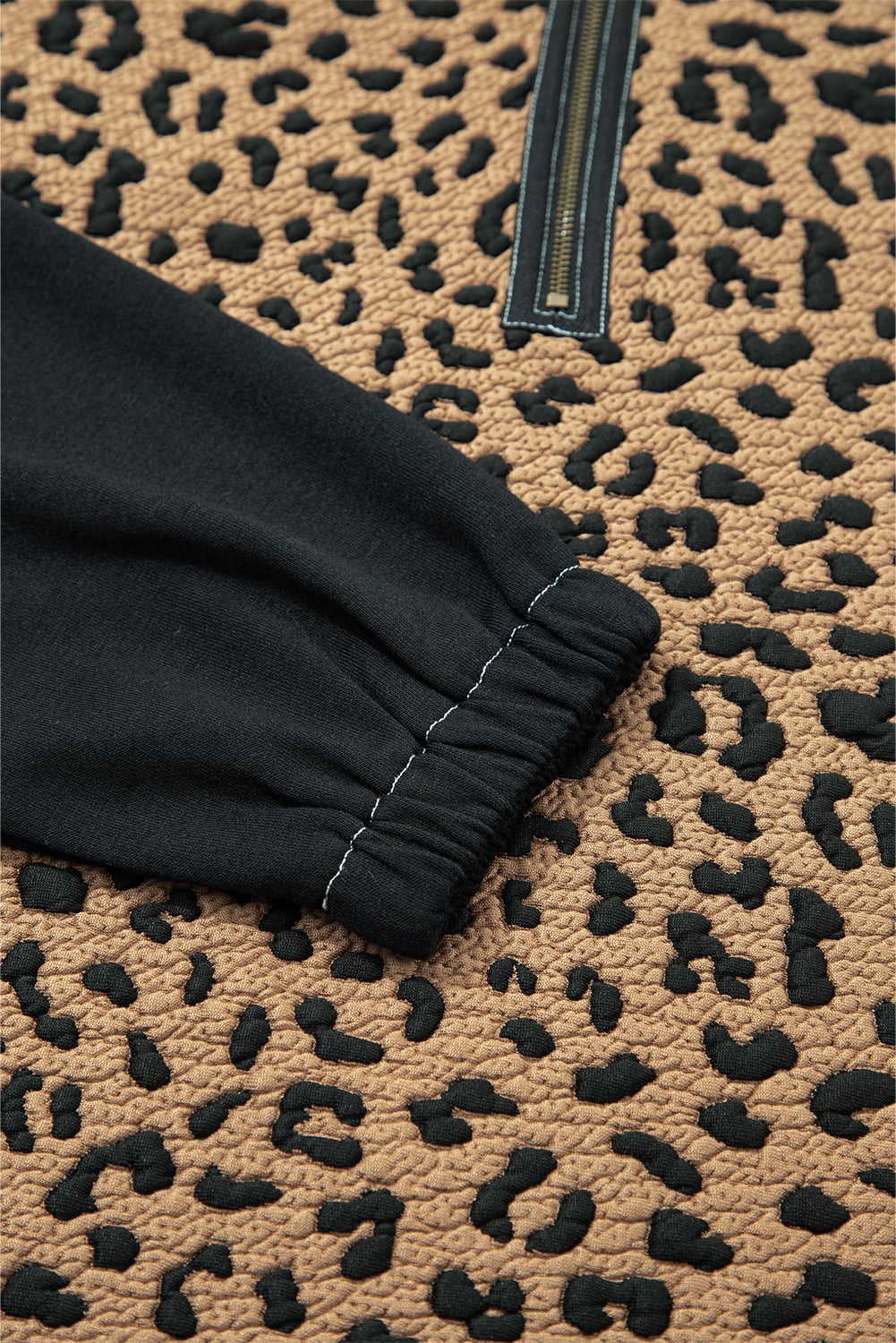 Brown Leopard Patchwork Contrast Stitching Knotted Cuff Quarter Zip Hoodie