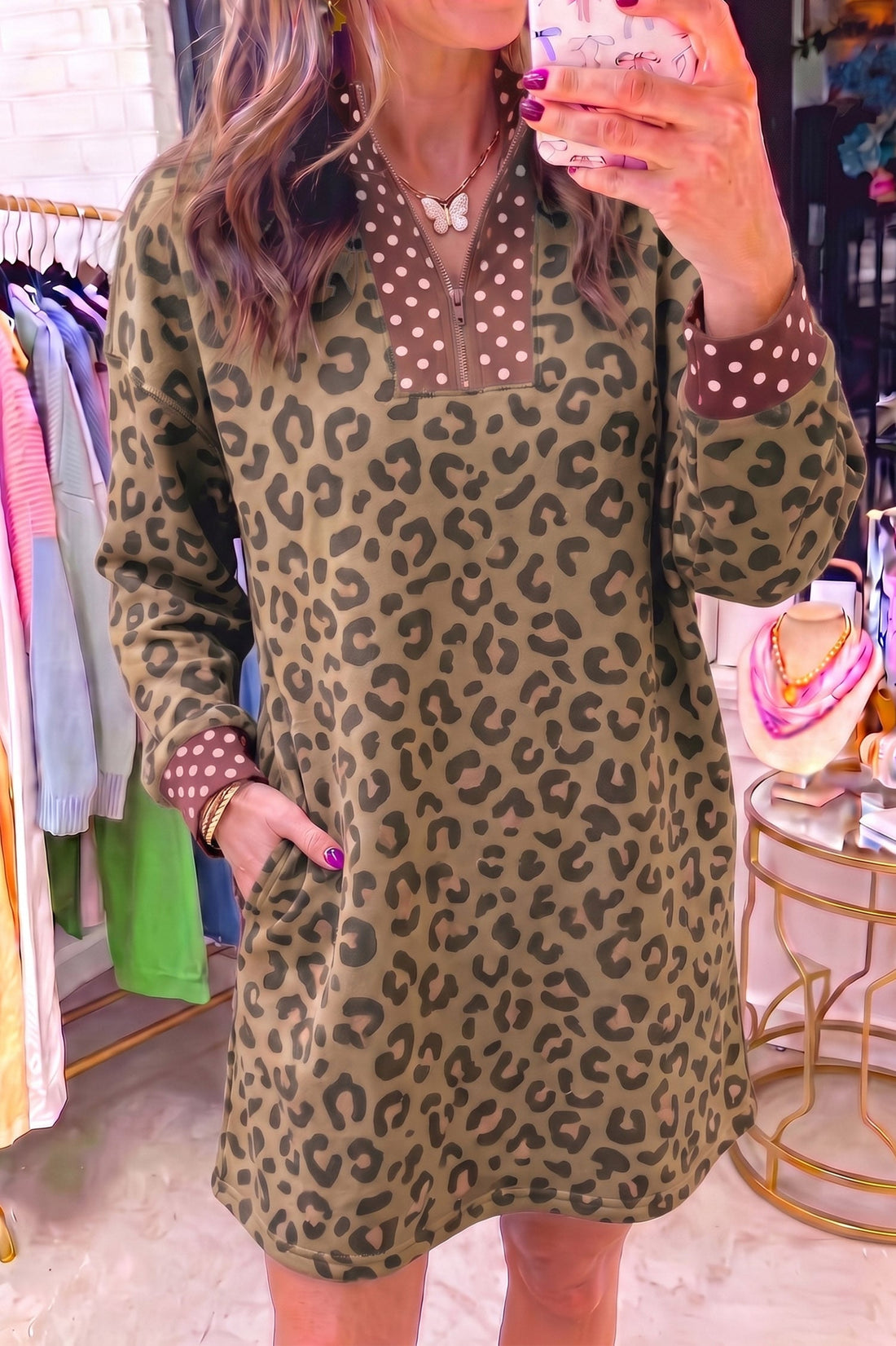 Brown Leopard Polka Dot Patchwork Detail Zip Neck Long Sleeve Mini Dress