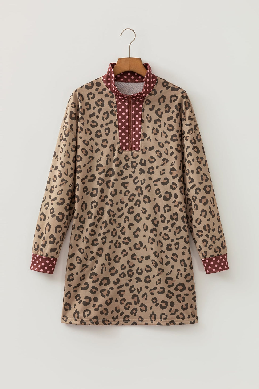 Brown Leopard Polka Dot Patchwork Detail Zip Neck Long Sleeve Mini Dress