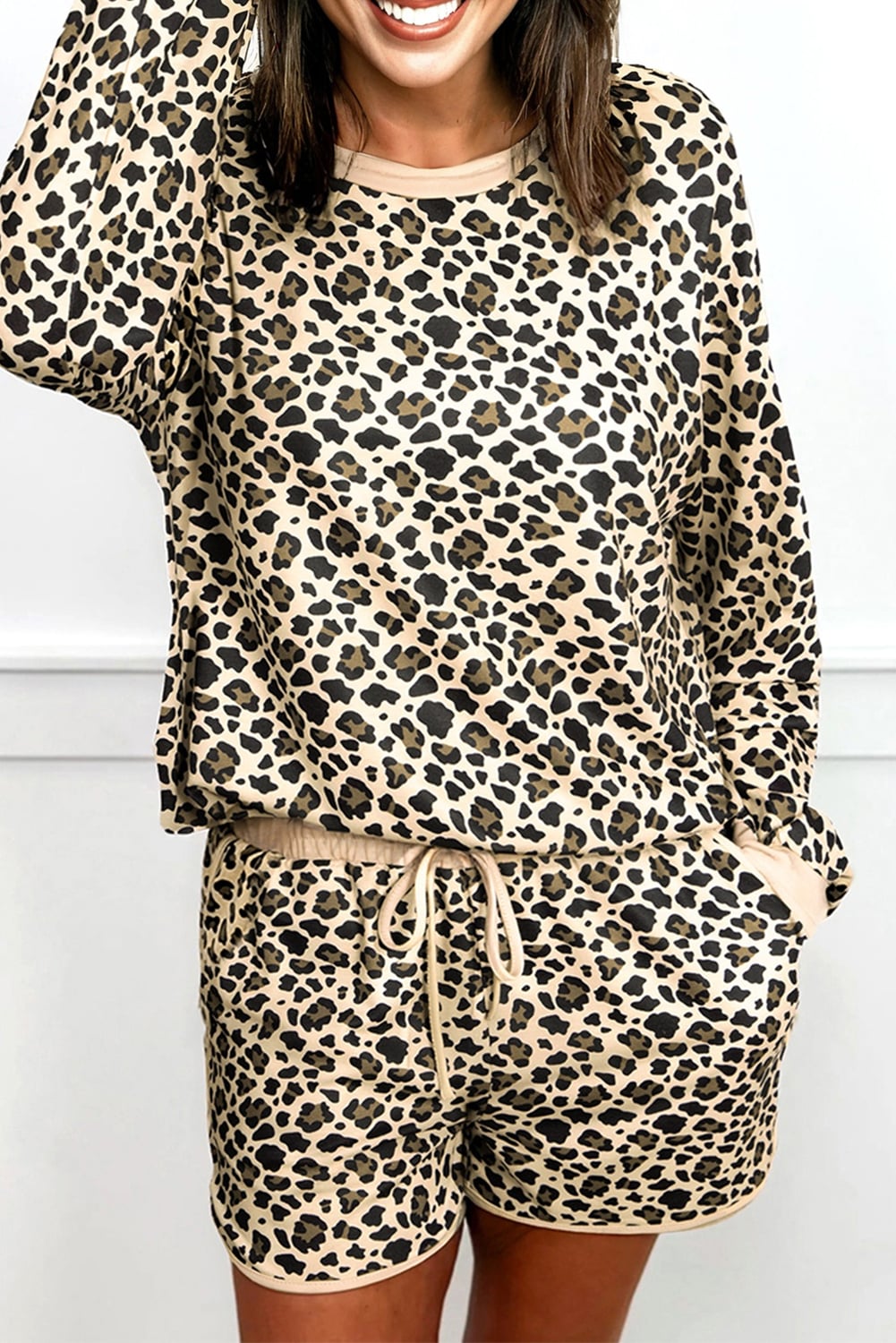 Brown Leopard Print Contrast Trim Long Sleeve Pullover Drawstring Shorts 2pcs Outfit