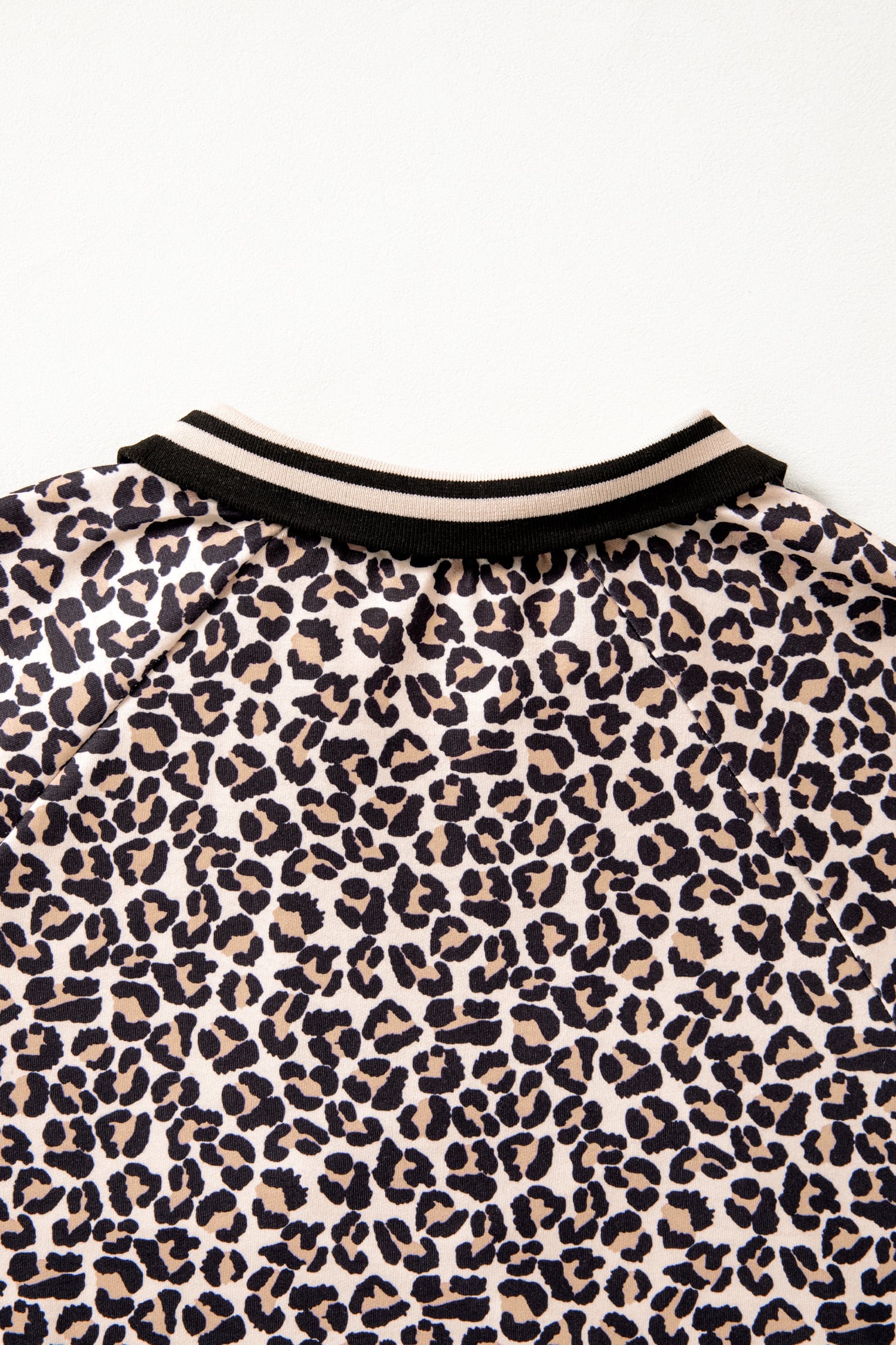 Brown Leopard Print Half Zip Striped Trim Patchwork Short Sleeve Top