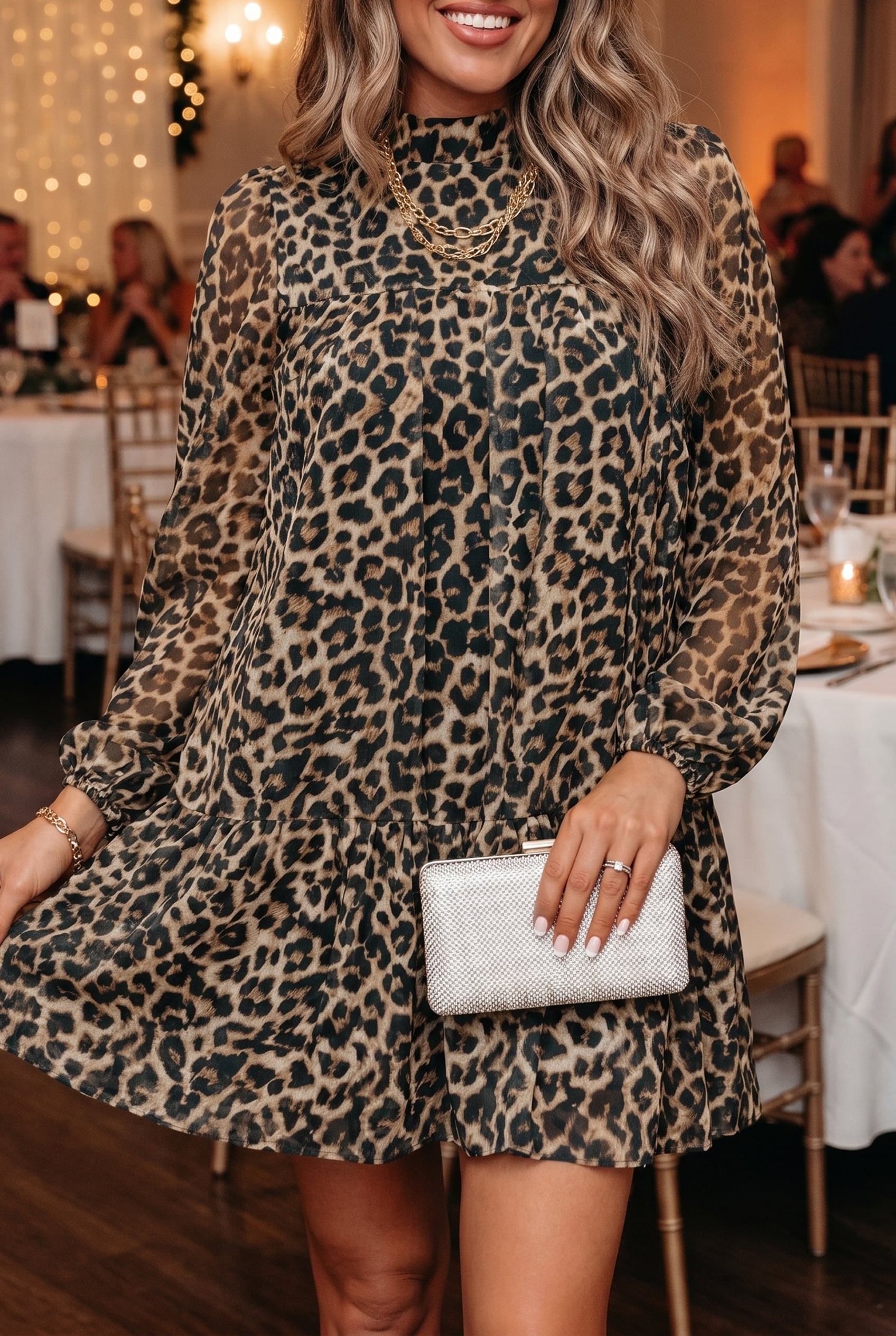 Brown Leopard Print Long Sleeve Short Shift Dress