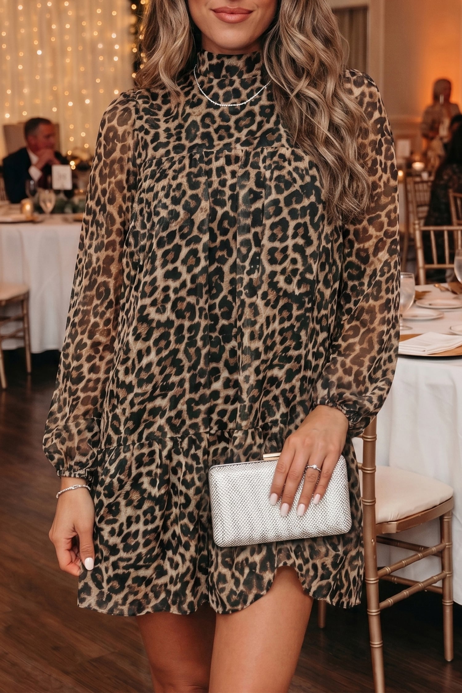 Brown Leopard Print Long Sleeve Short Shift Dress