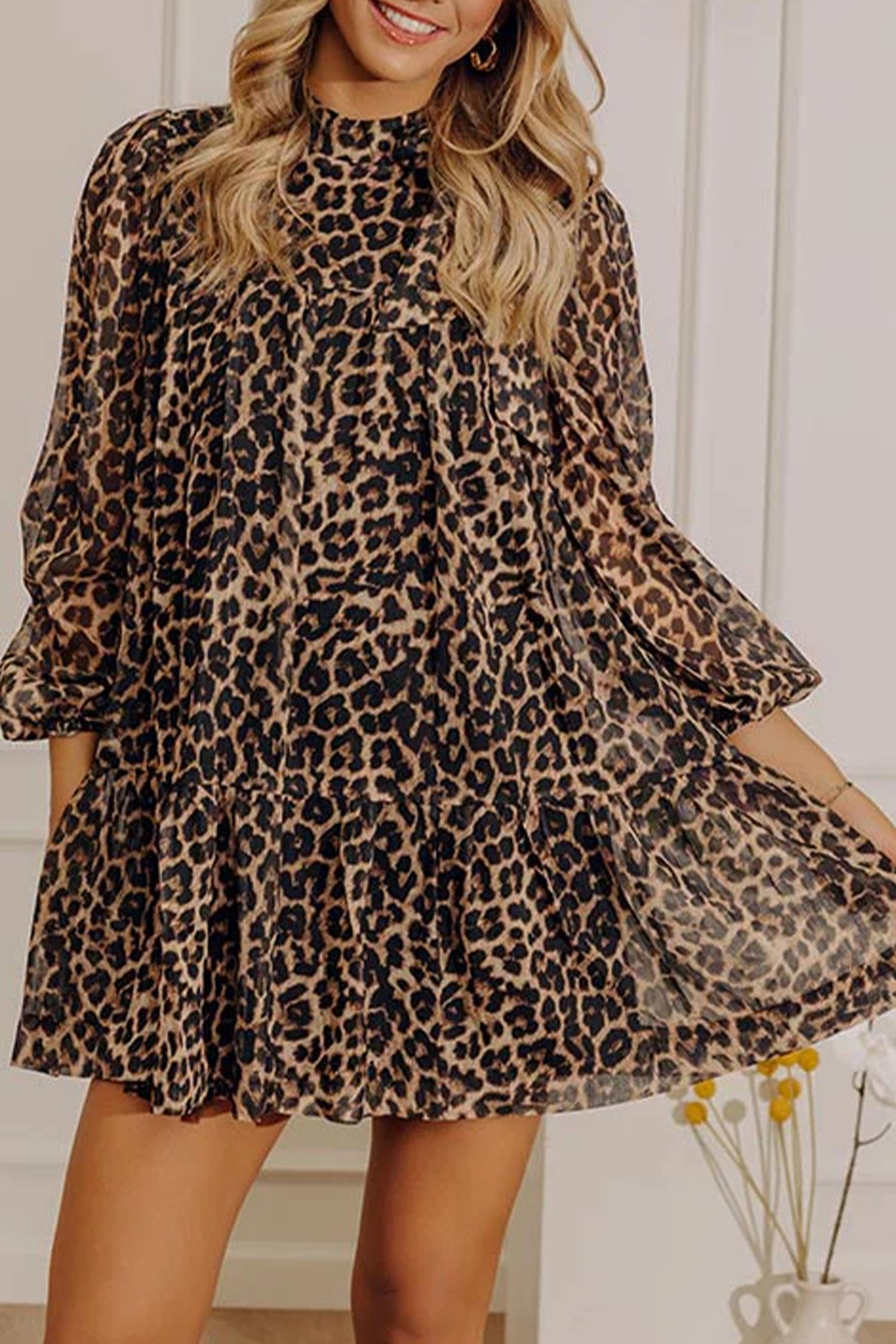 Brown Leopard Print Long Sleeve Short Shift Dress