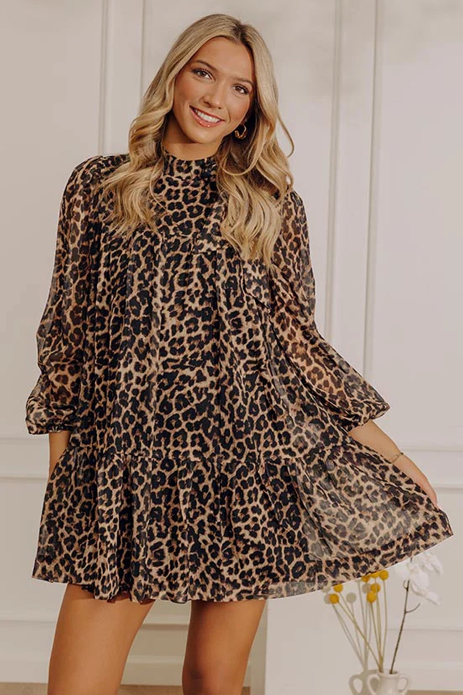 Brown Leopard Print Long Sleeve Short Shift Dress