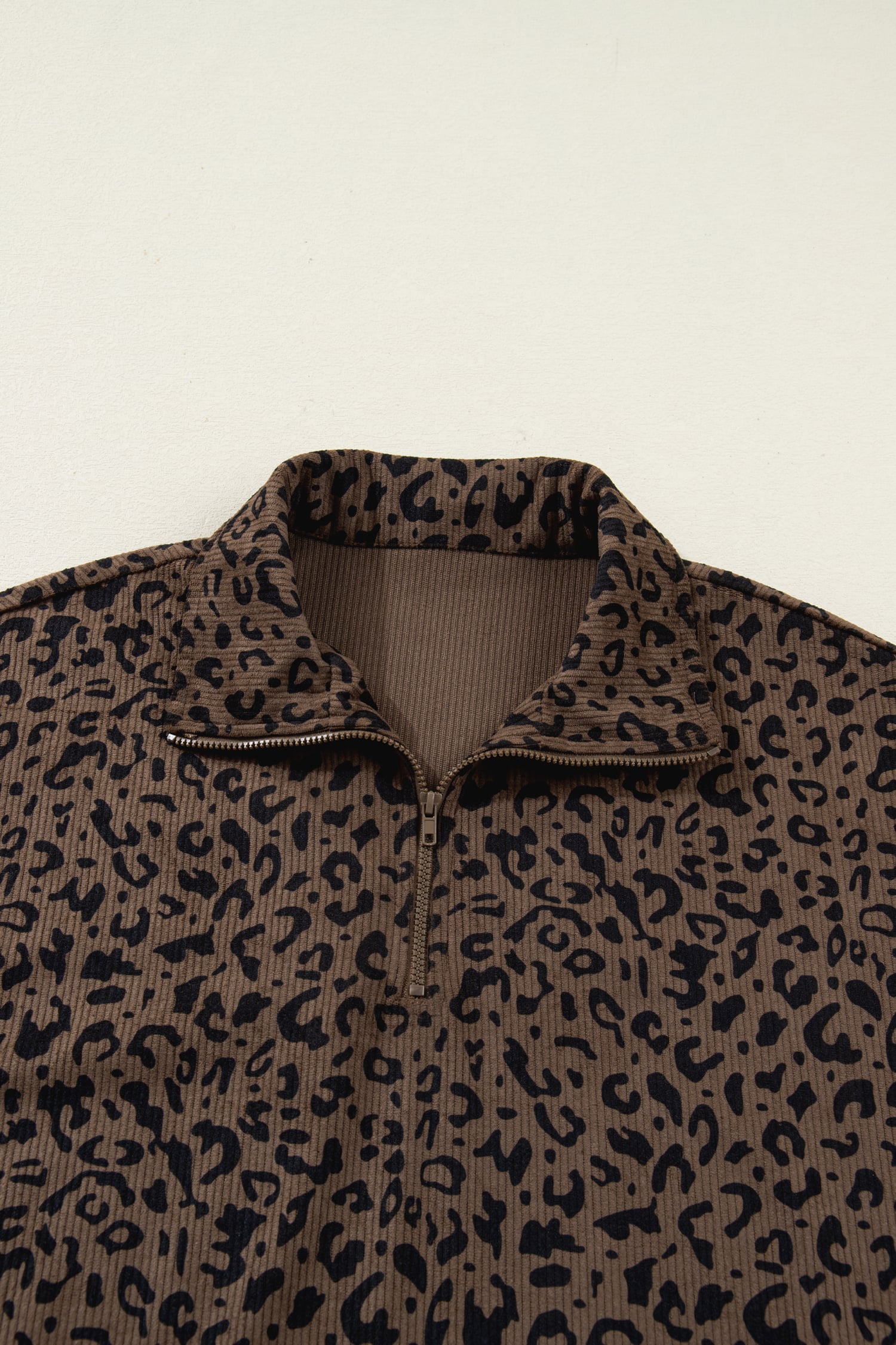 Brown Leopard Print Quarter Zip Corduroy Sweatshirt