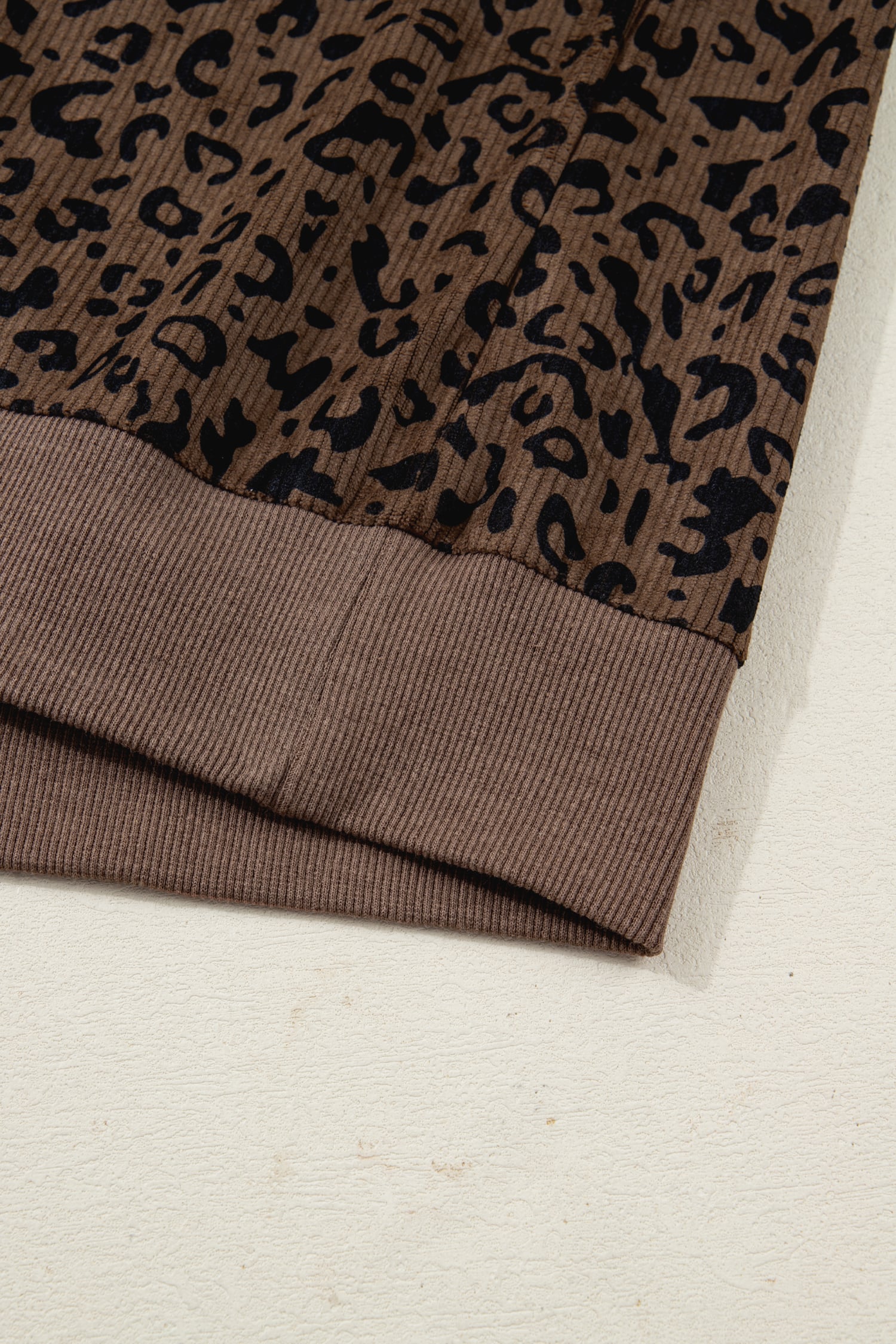 Brown Leopard Print Quarter Zip Corduroy Sweatshirt