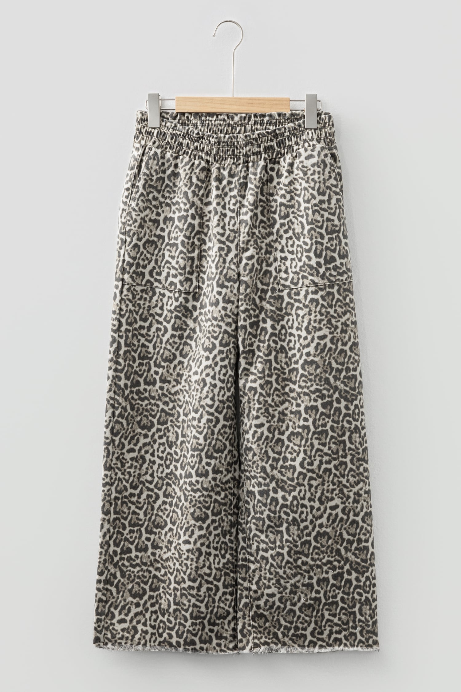 Brown Leopard Print Raw Hem Elastic Waist Loose Pull On Jeans