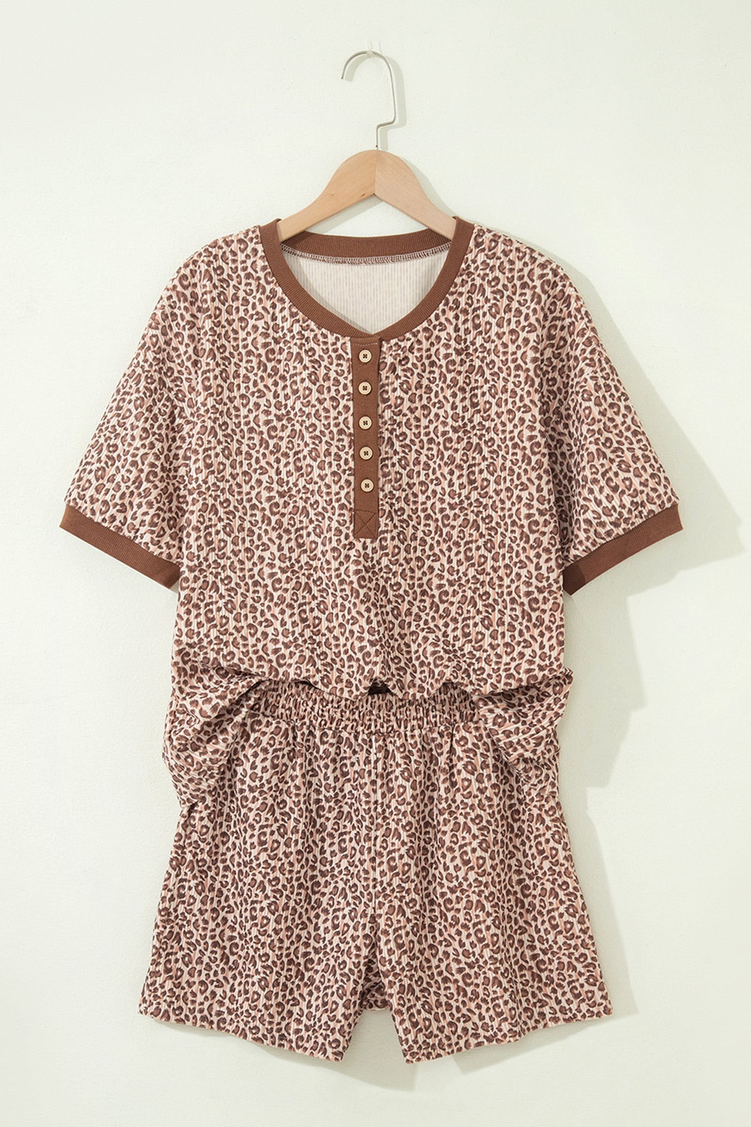 Brown Leopard Print Ribbed Patchwork Half Button Loose Tee Elastic Waist Short 2pcs Set