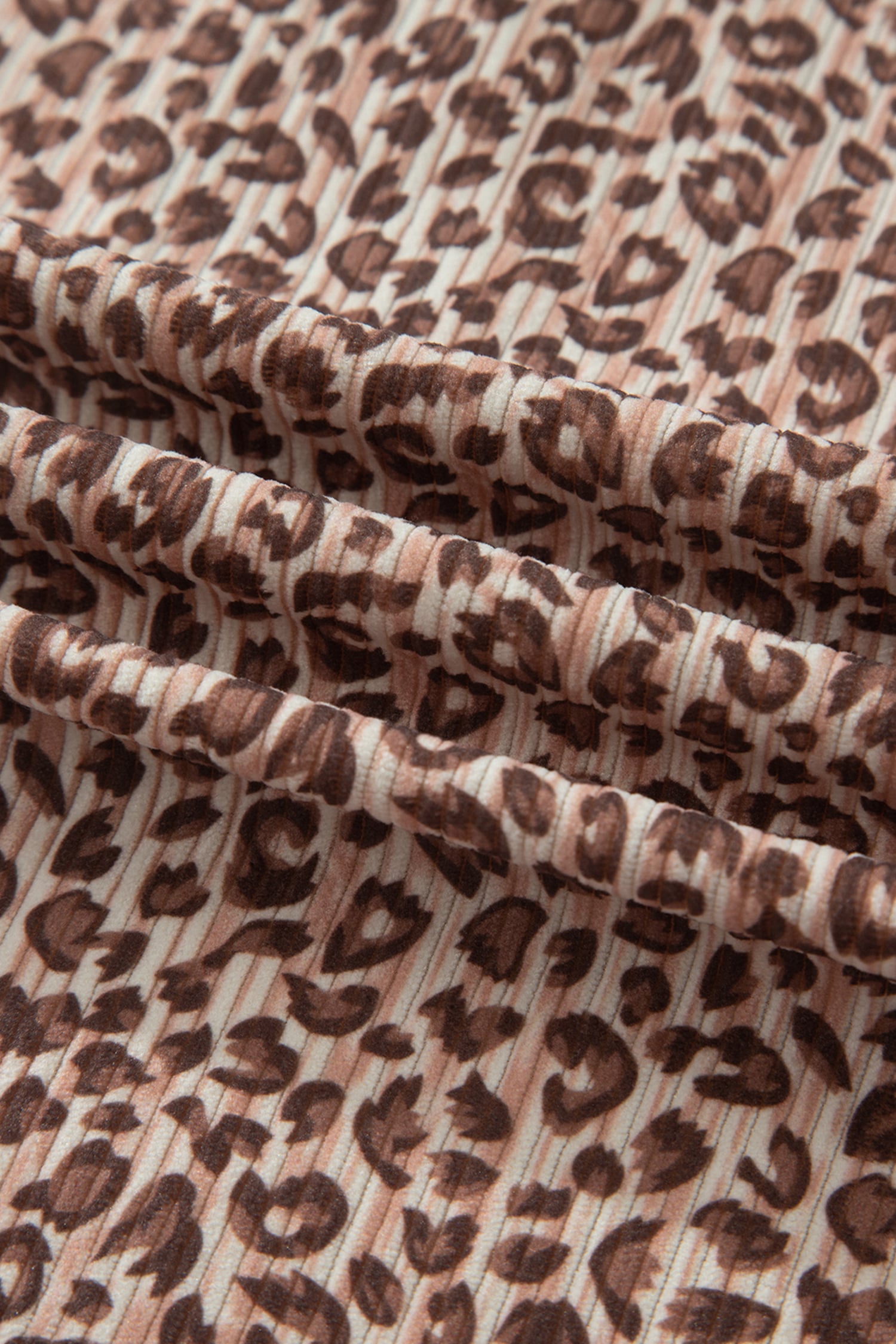 Brown Leopard Print Ribbed Patchwork Half Button Loose Tee Elastic Waist Short 2pcs Set