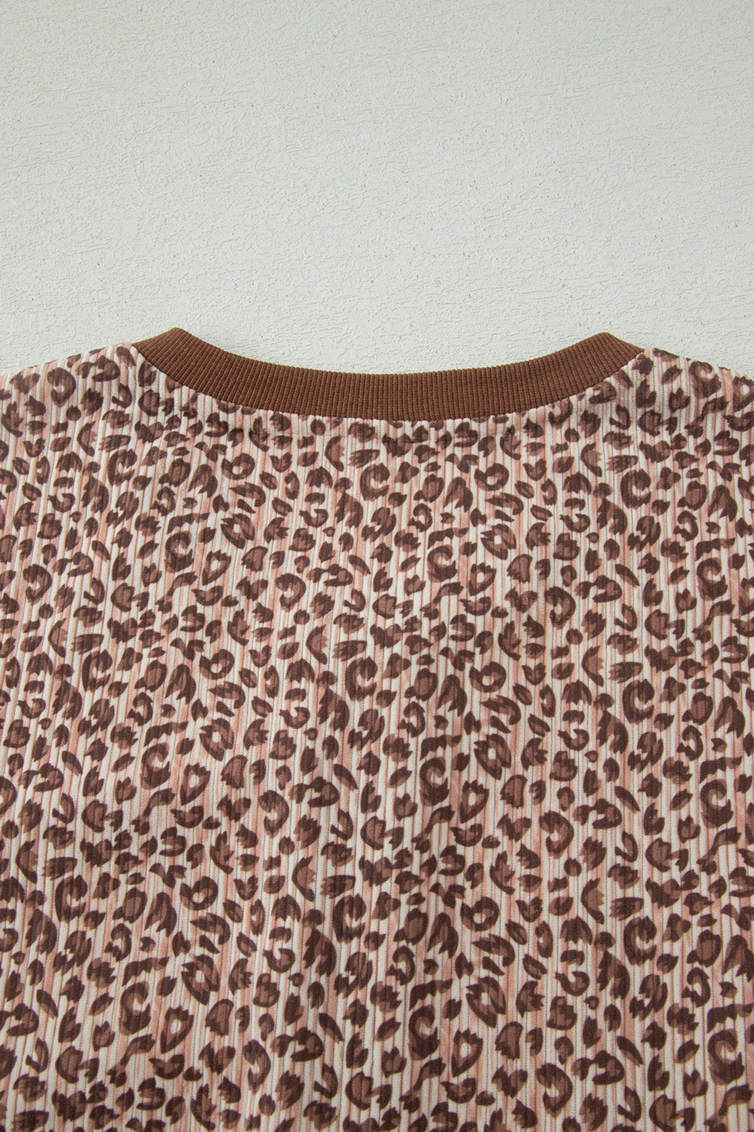 Brown Leopard Print Ribbed Patchwork Half Button Loose Tee Elastic Waist Short 2pcs Set