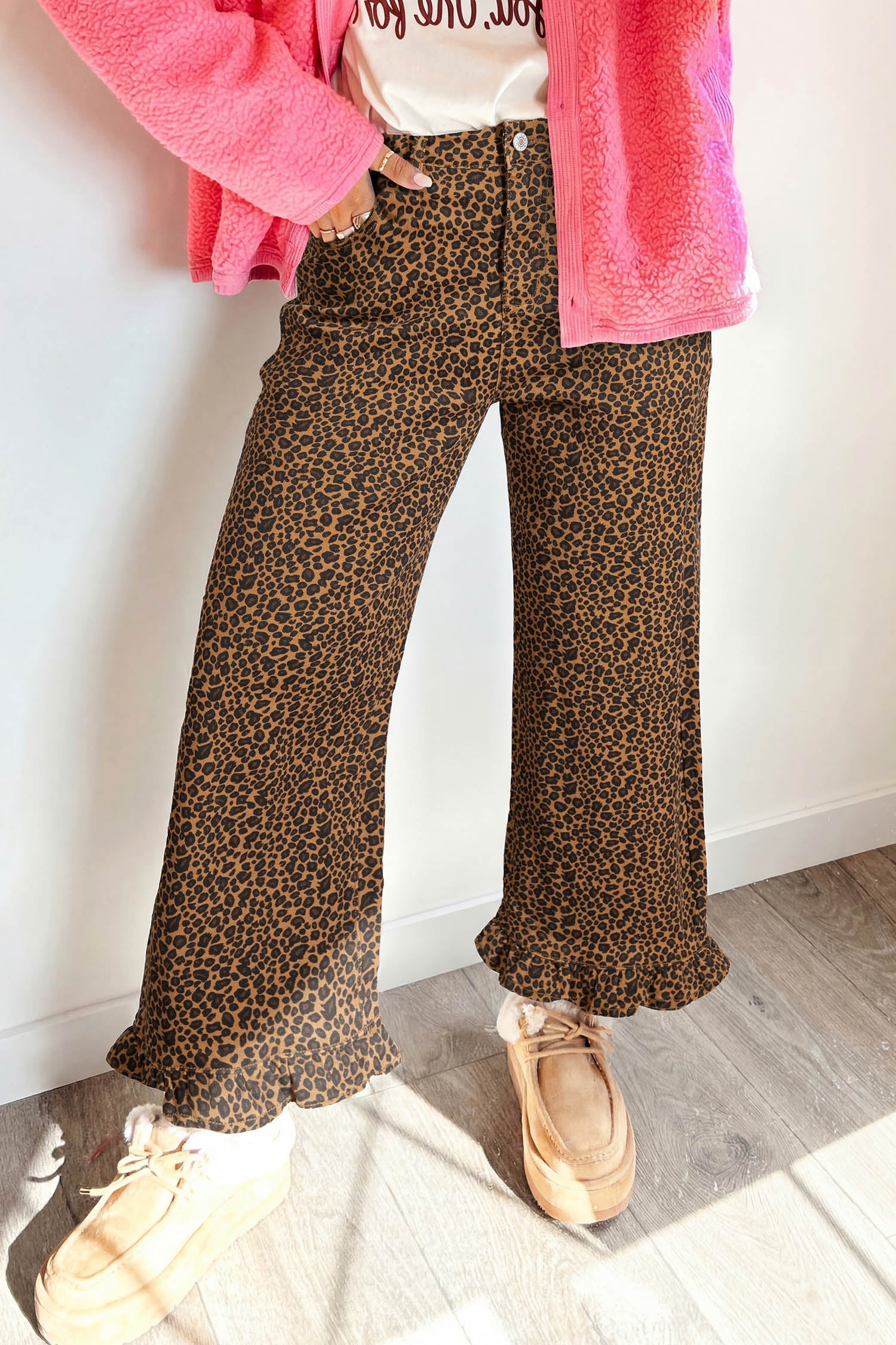Brown Leopard Print Ruffled Hem Shift Jeans