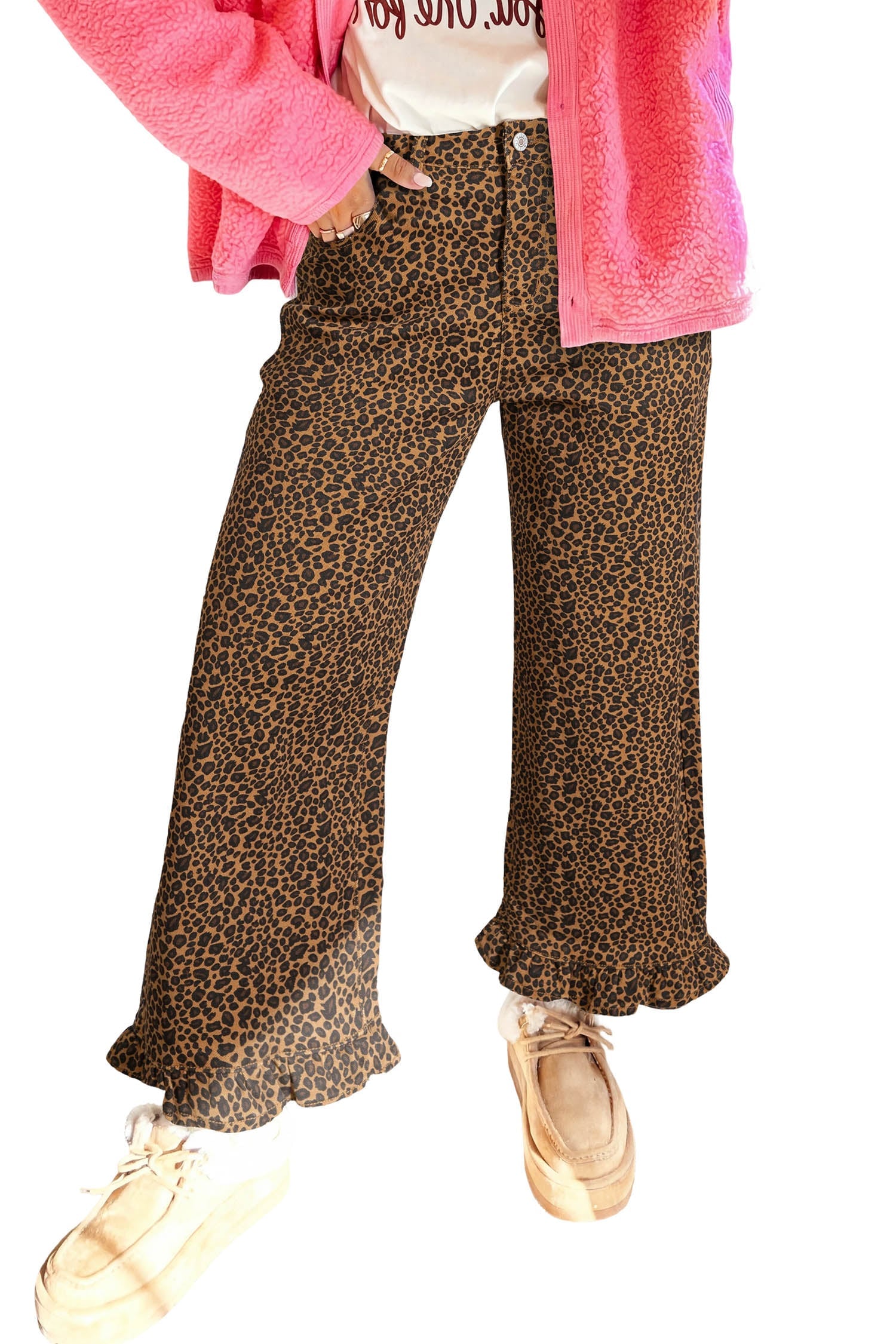 Brown Leopard Print Ruffled Hem Shift Jeans