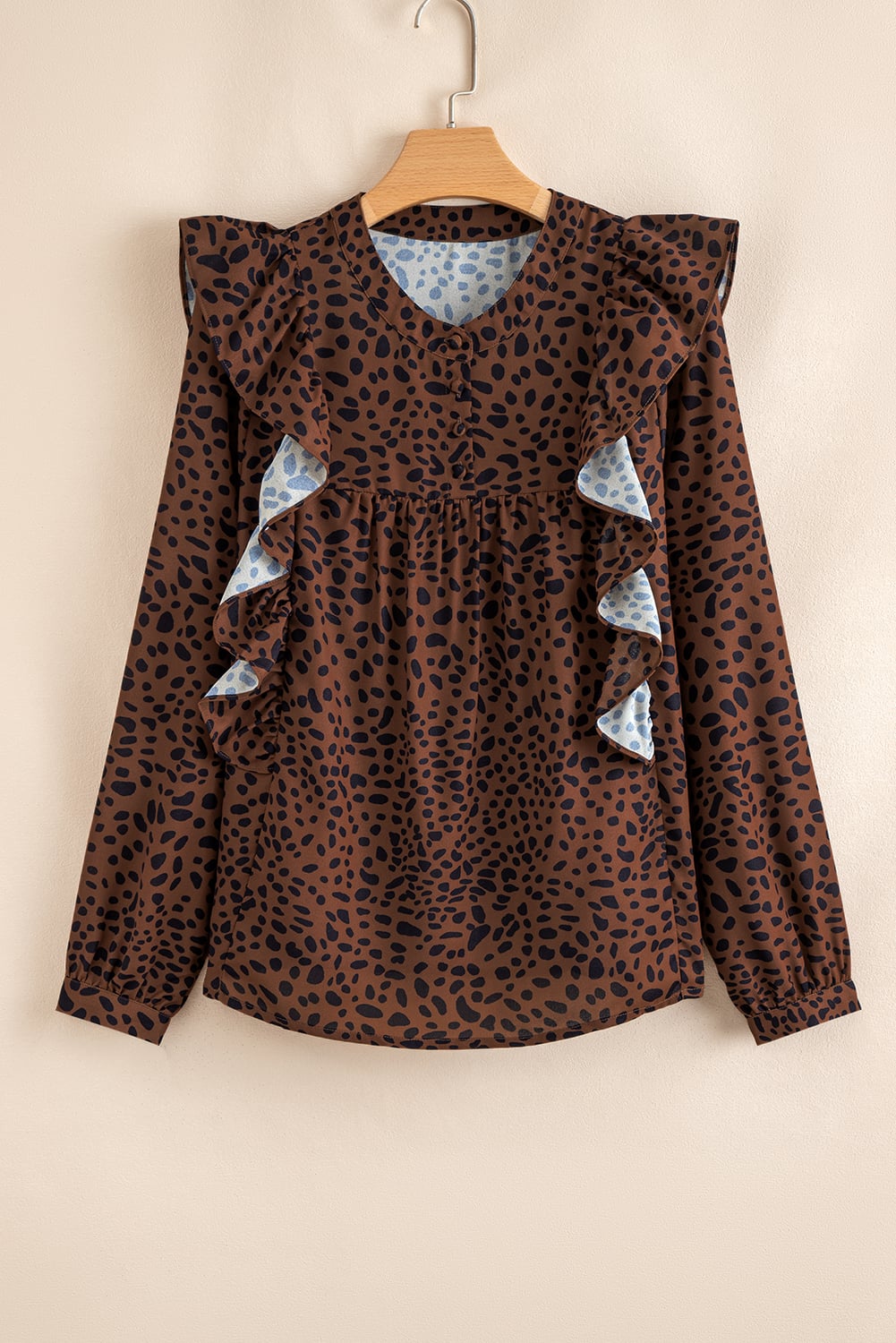 Brown Leopard Print Ruffled Puff Sleeve Blouse