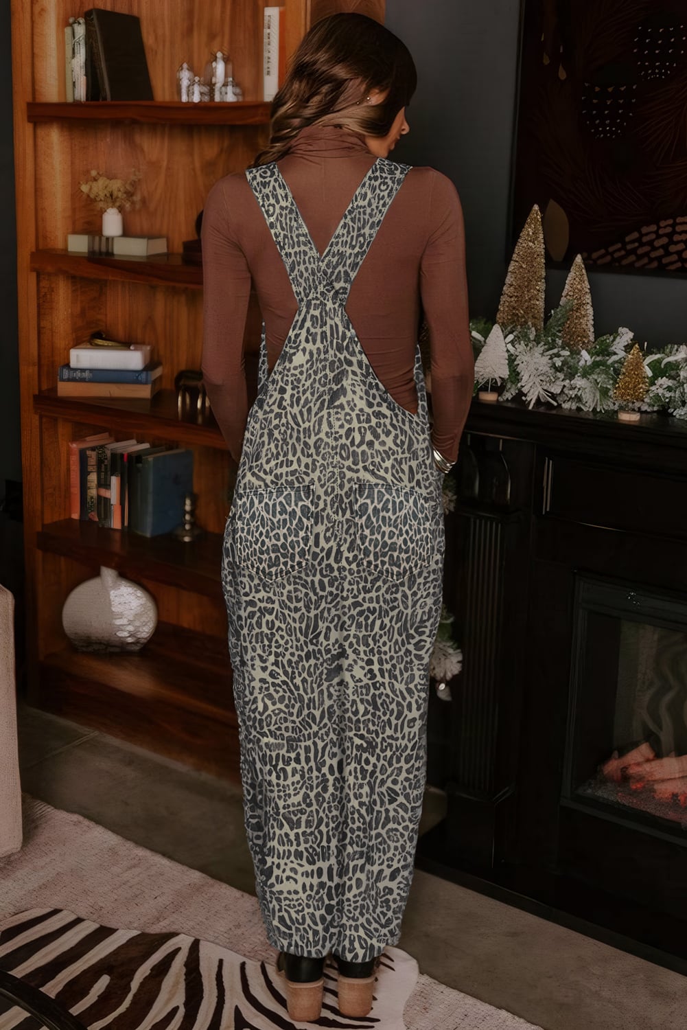 Brown  Leopard Print Straight Leg Loose Denim Overall Jumpsuit
