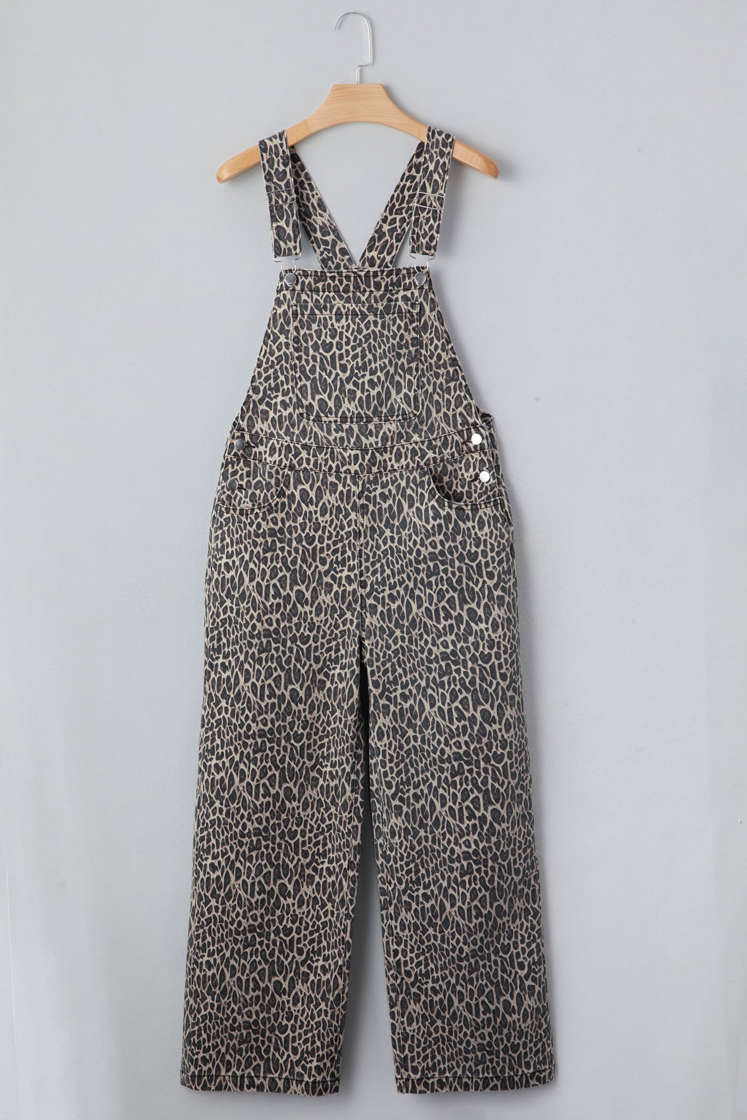 Brown  Leopard Print Straight Leg Loose Denim Overall Jumpsuit