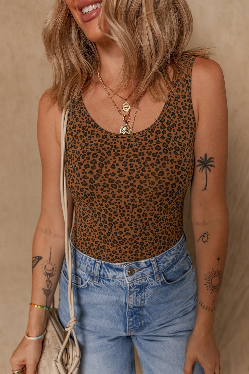 Brown Leopard Printed Sleeveless Scoop Neck Bodysuit
