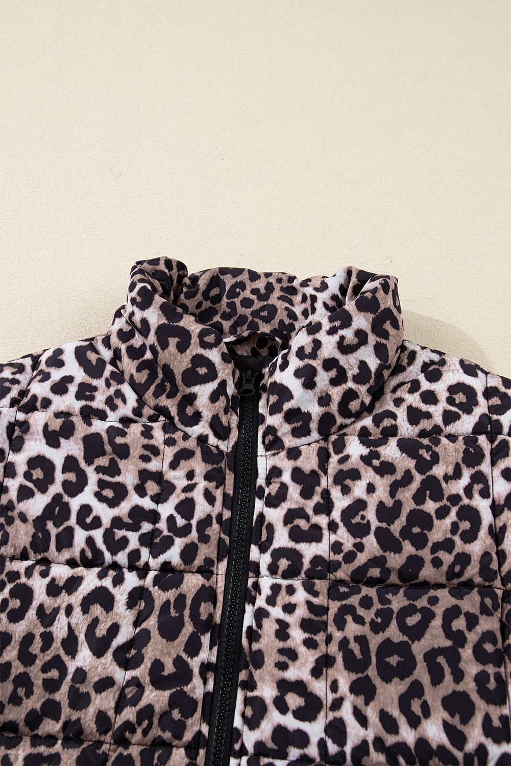 Brown Leopard Quilted Full Zipper Casual Puff Vest