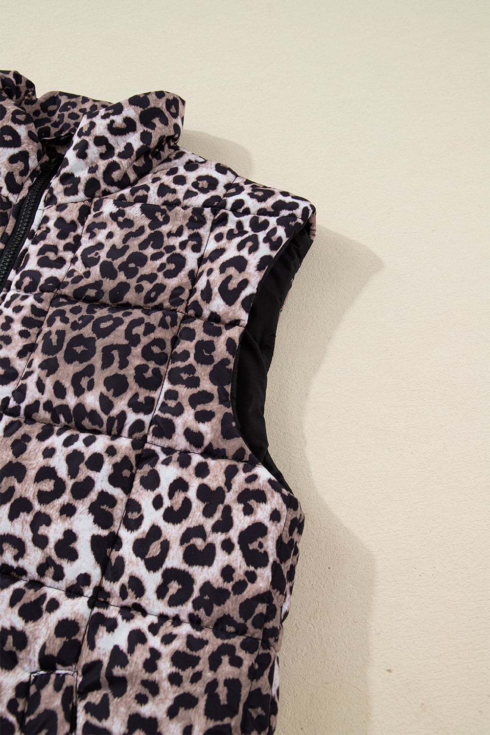Brown Leopard Quilted Full Zipper Casual Puff Vest