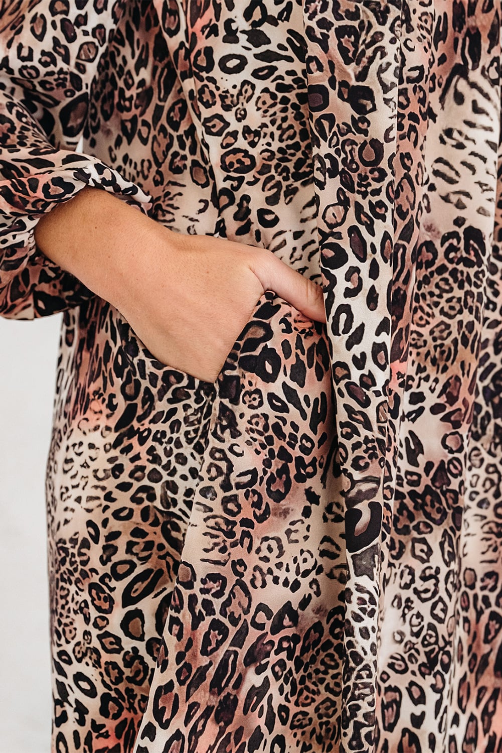 Brown Leopard Ruffled Detail Long Sleeve Loose Mini Dress