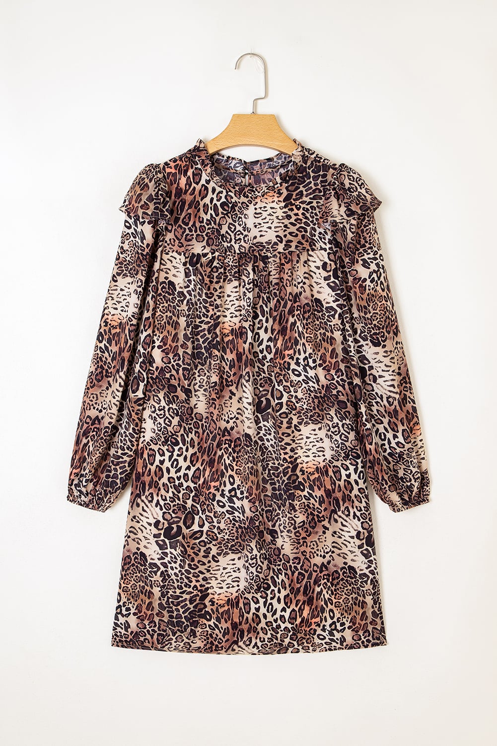 Brown Leopard Ruffled Detail Long Sleeve Loose Mini Dress
