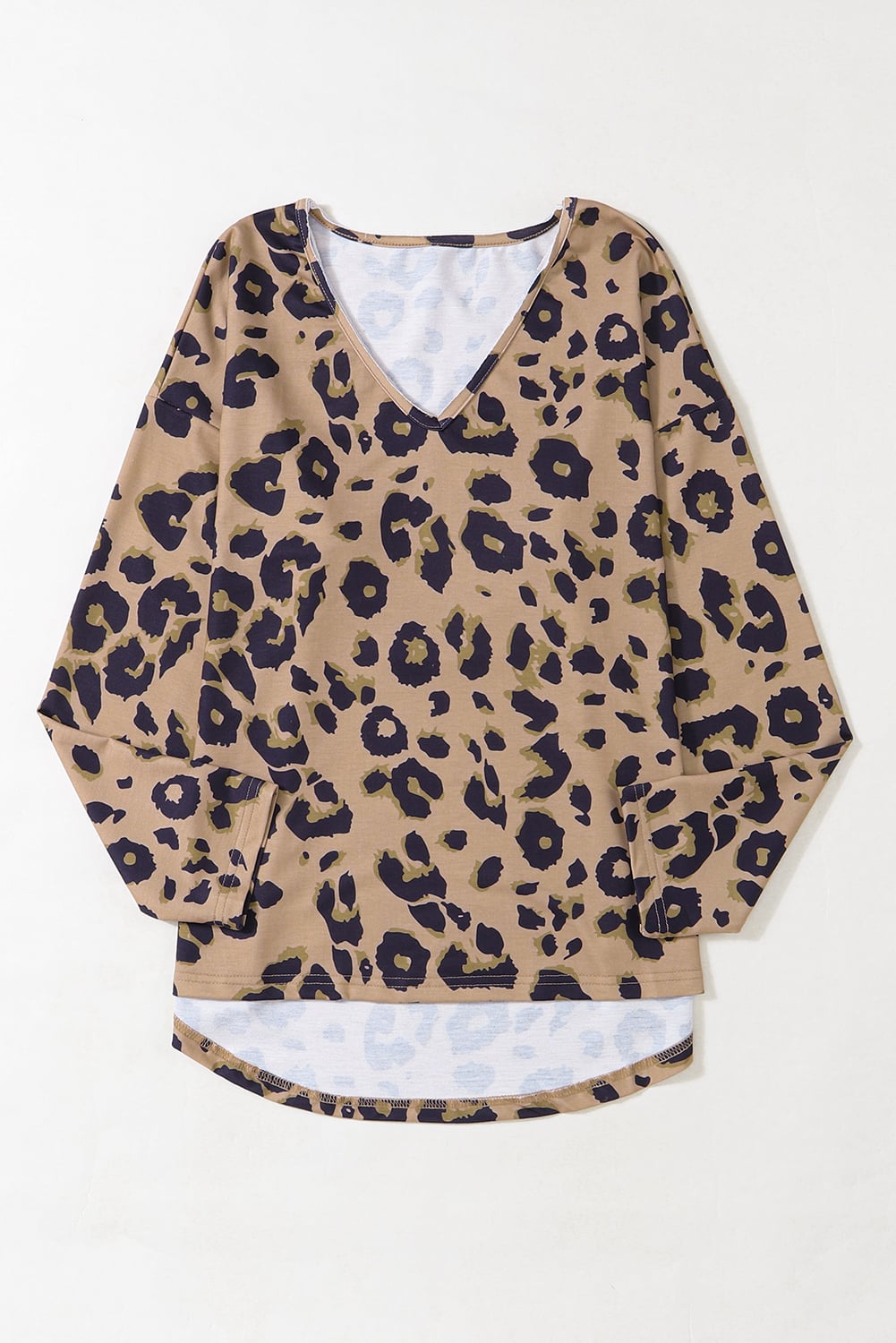 Brown Leopard Split Joint V Neck Long Sleeve Tops