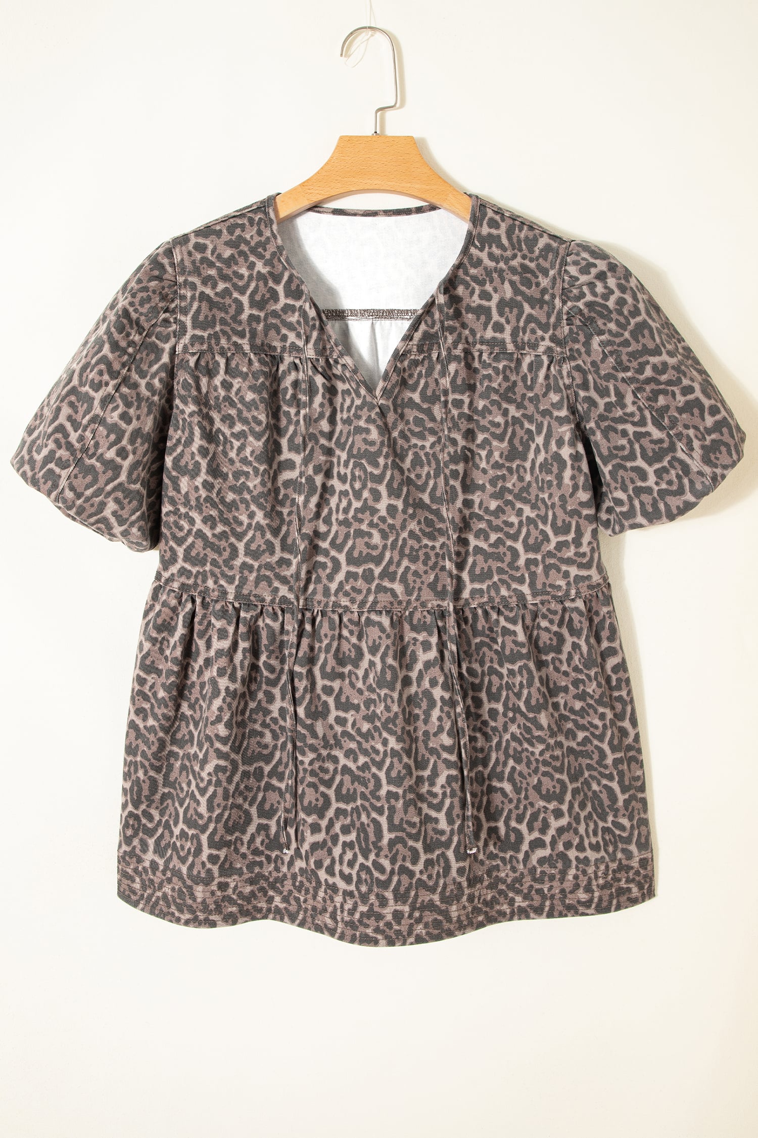 Brown Leopard Tie Neck Short Puff Sleeve Denim Babydoll Top