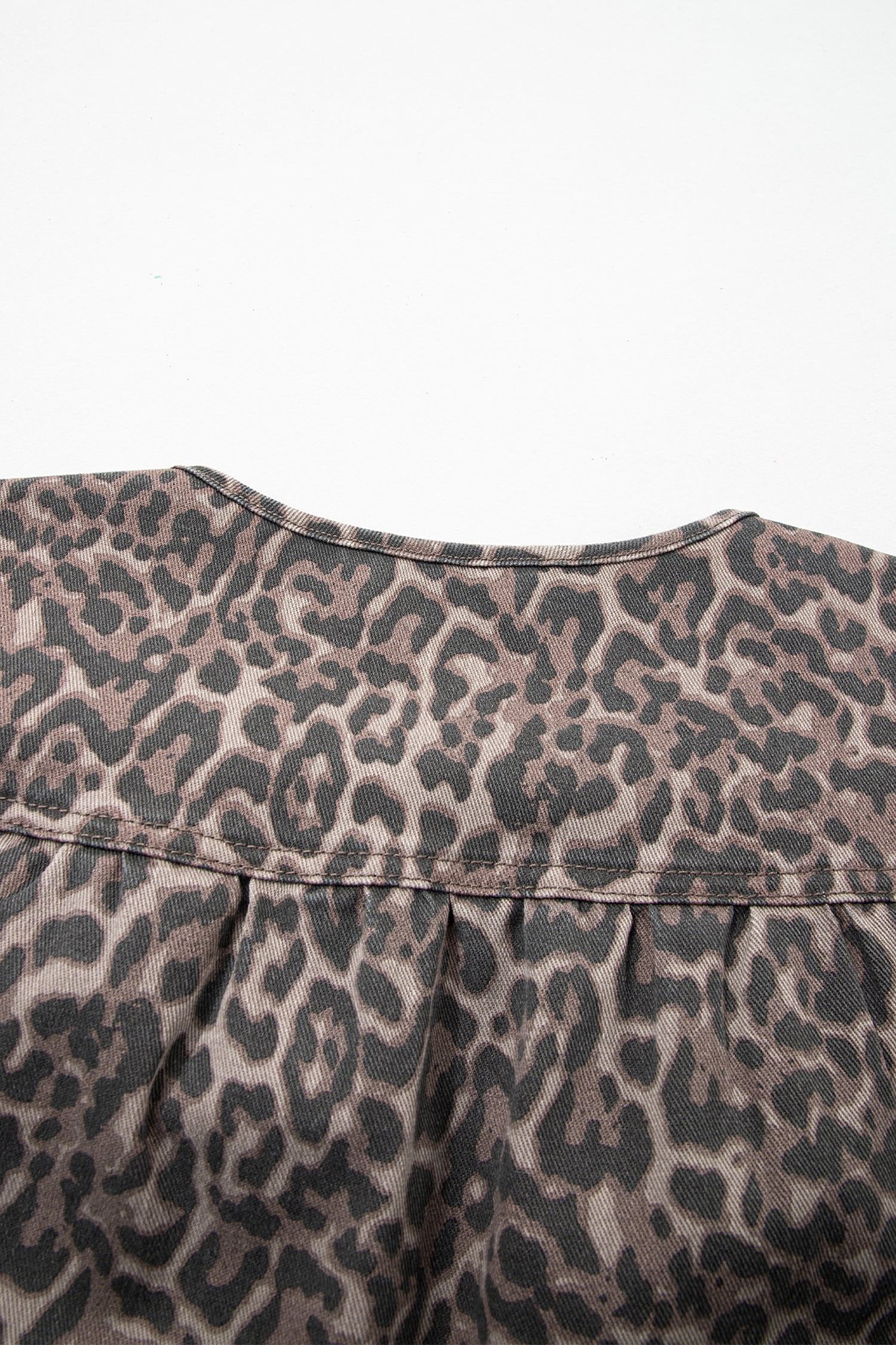 Brown Leopard Tie Neck Short Puff Sleeve Denim Babydoll Top
