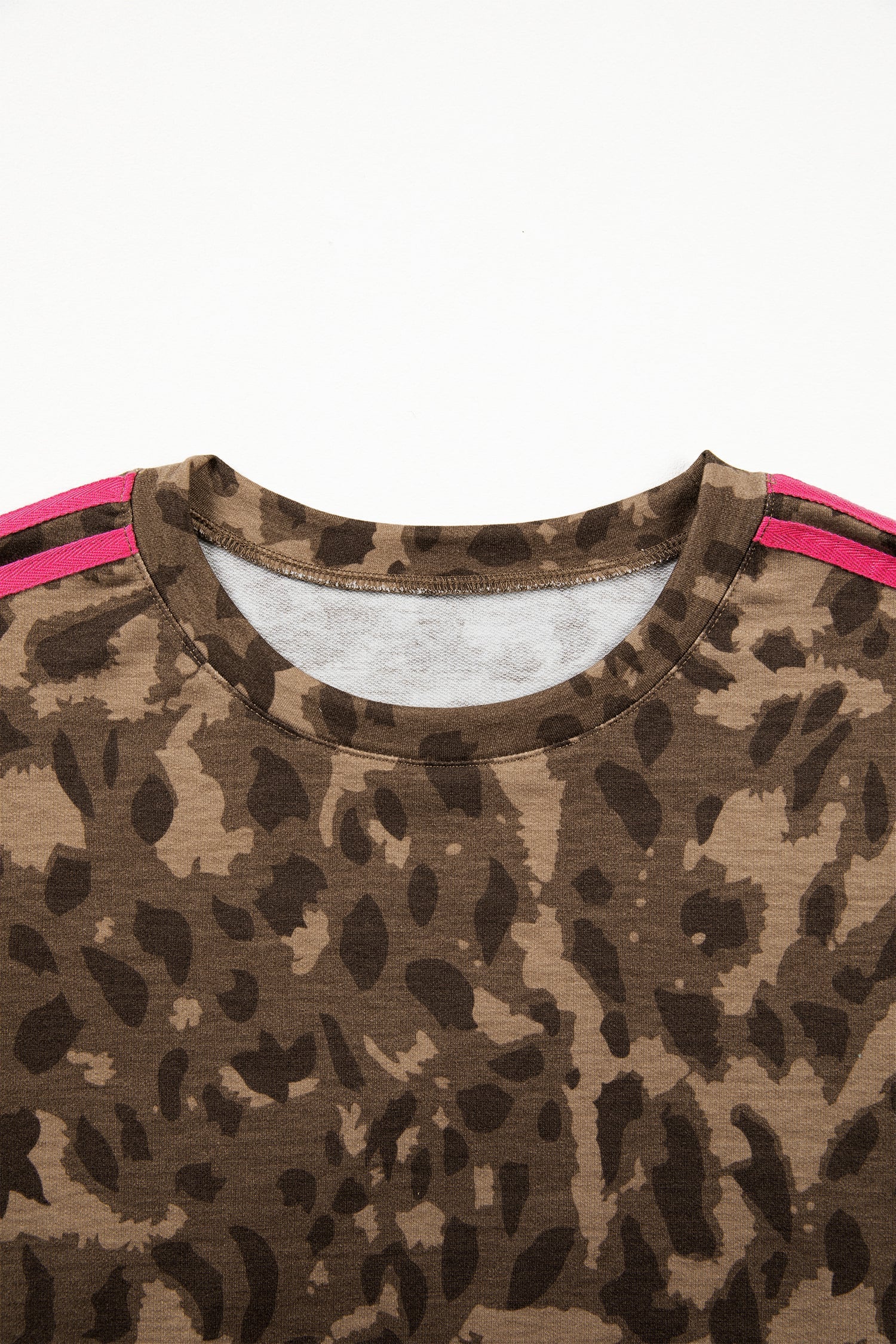 Brown Loose Contrast Striped Accent Leopard T Shirt Mini Dress with Pockets