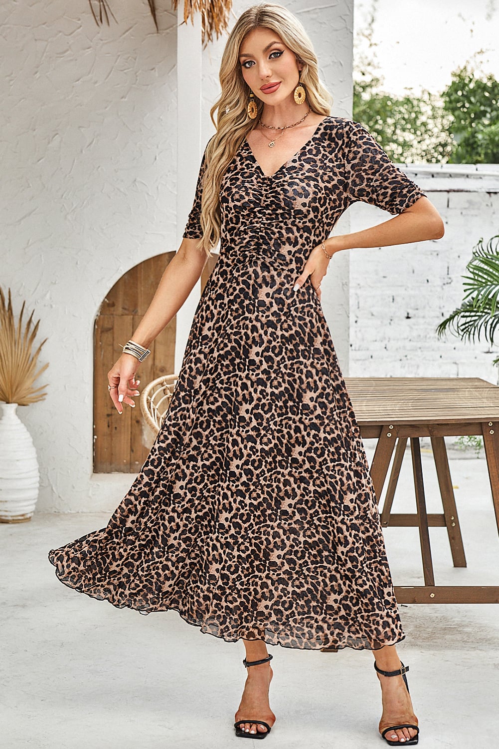 Brown Mesh Leopard Floral Reversible V Neck Short Sleeve Dress