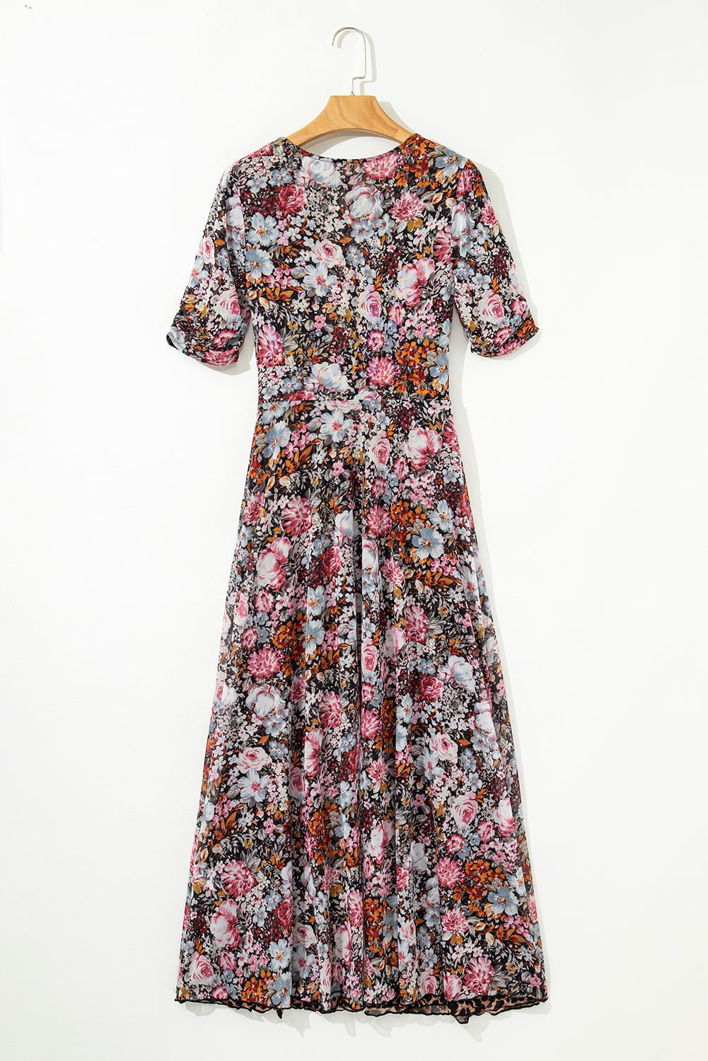 Brown Mesh Leopard Floral Reversible V Neck Short Sleeve Dress