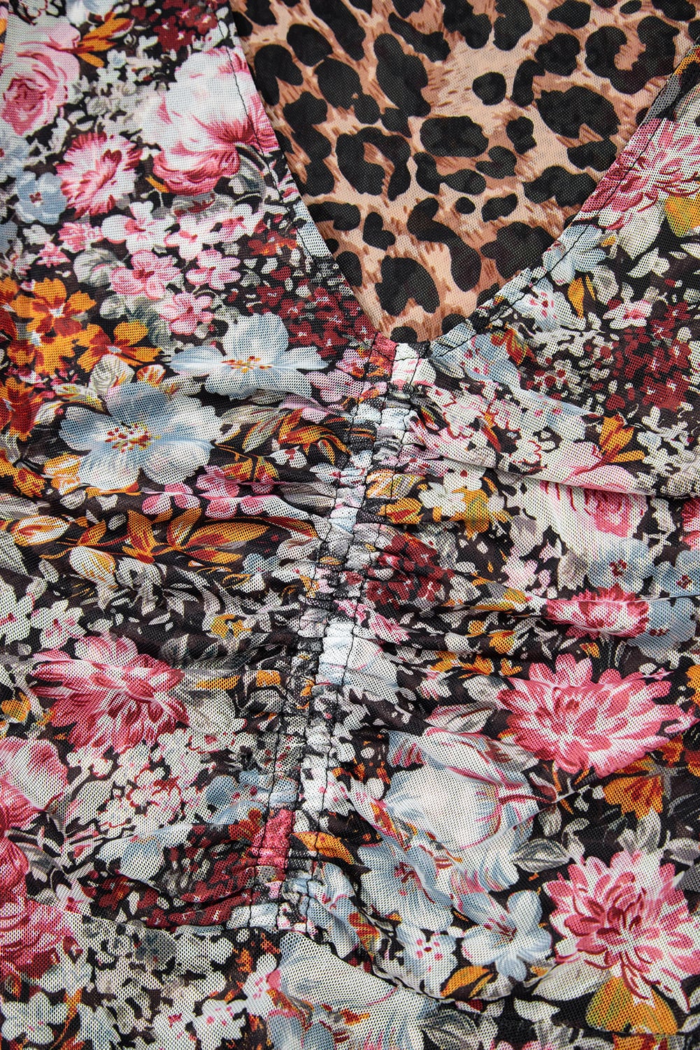 Brown Mesh Leopard Floral Reversible V Neck Short Sleeve Dress