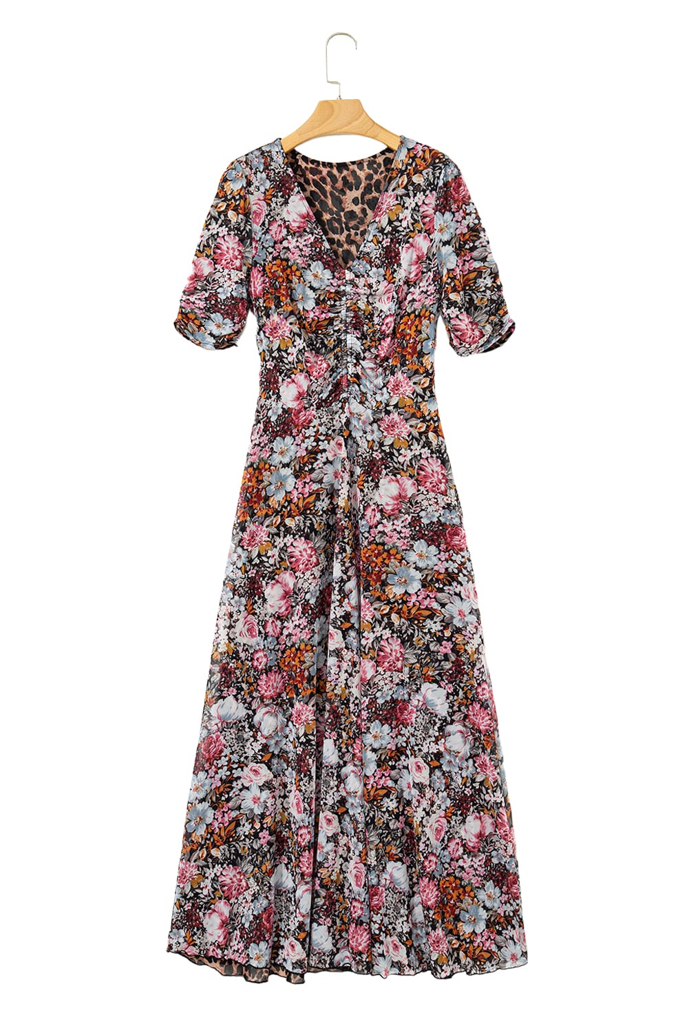 Brown Mesh Leopard Floral Reversible V Neck Short Sleeve Dress