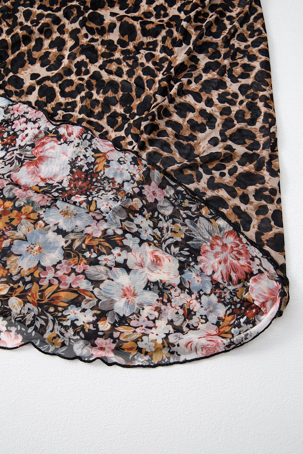 Brown Mesh Leopard Floral Reversible V Neck Short Sleeve Dress
