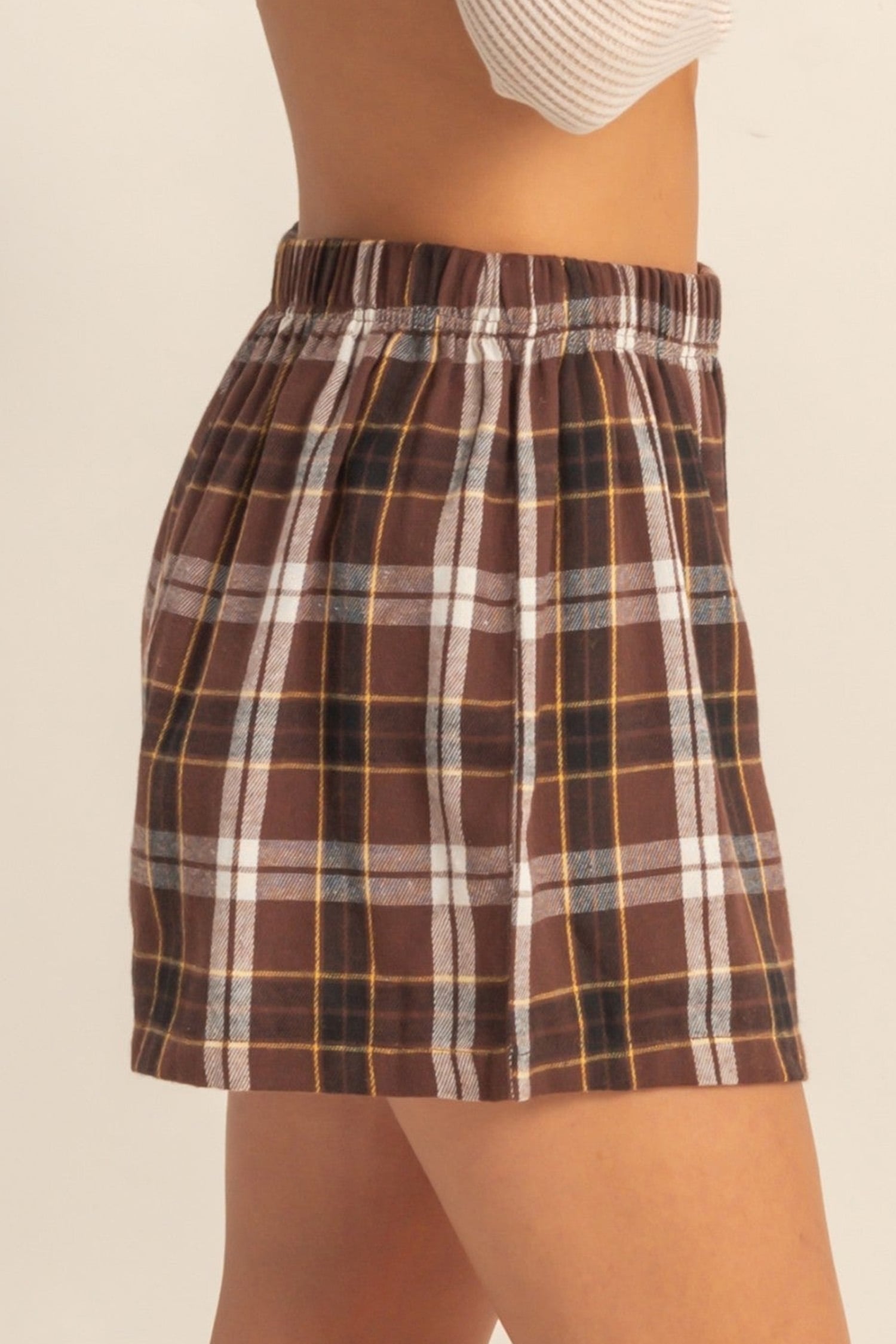 Brown Plaid Button Front Elastic Waist Shorts