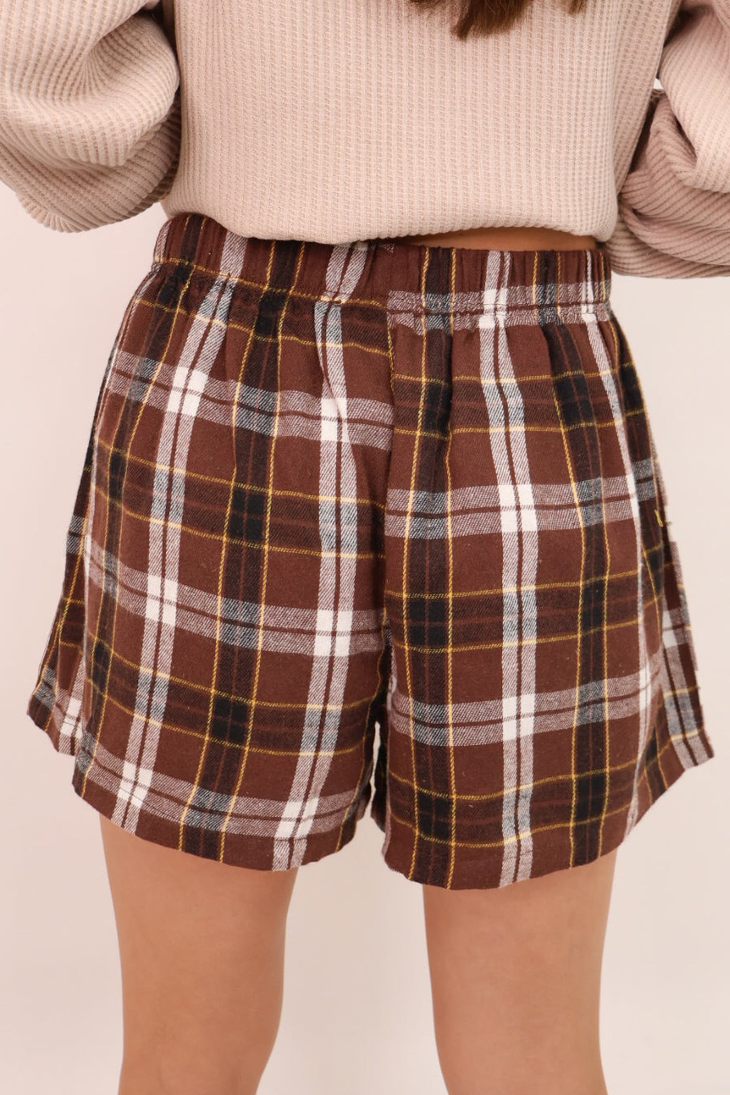 Brown Plaid Button Front Elastic Waist Shorts