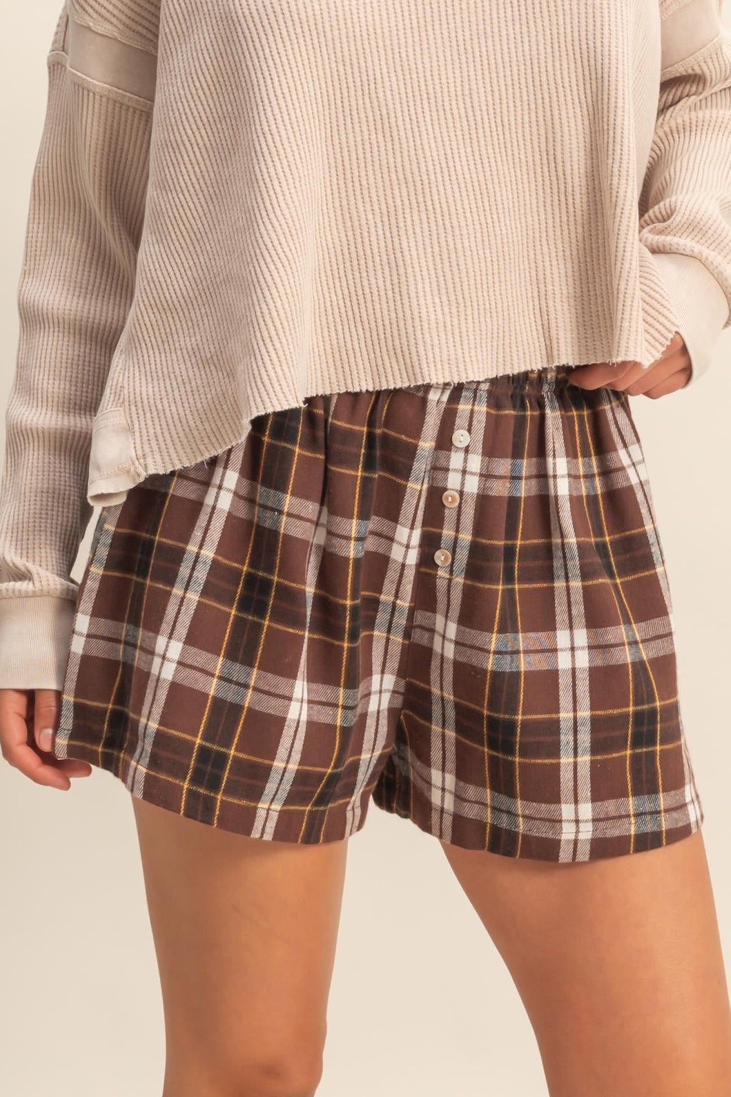 Brown Plaid Button Front Elastic Waist Shorts