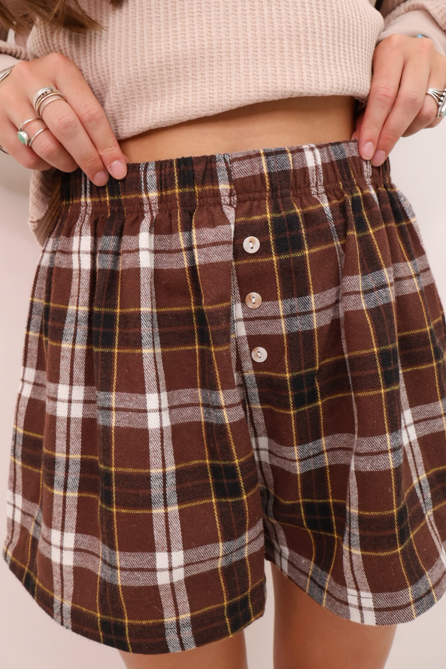 Brown Plaid Button Front Elastic Waist Shorts