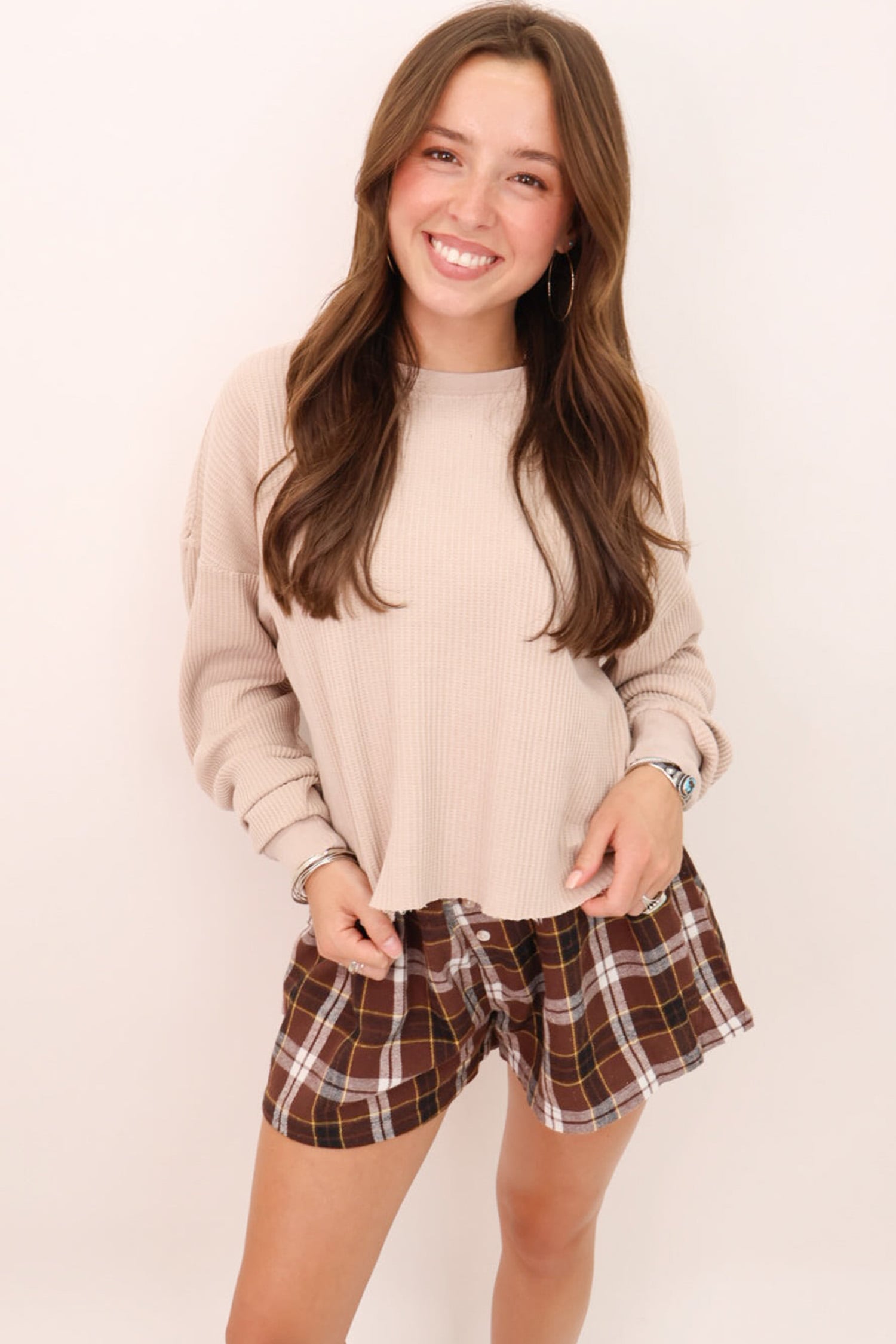 Brown Plaid Button Front Elastic Waist Shorts