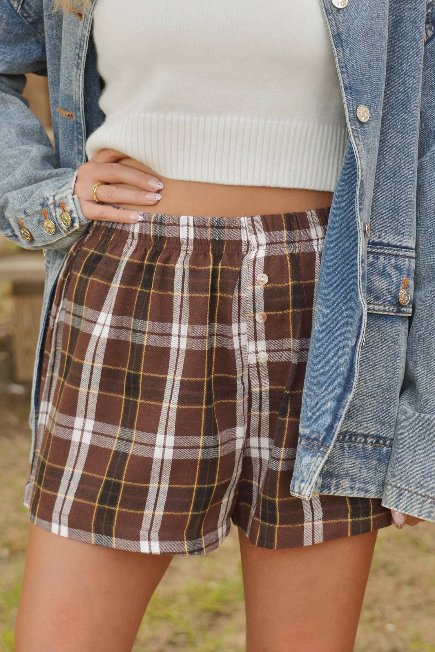 Brown Plaid Button Front Elastic Waist Shorts