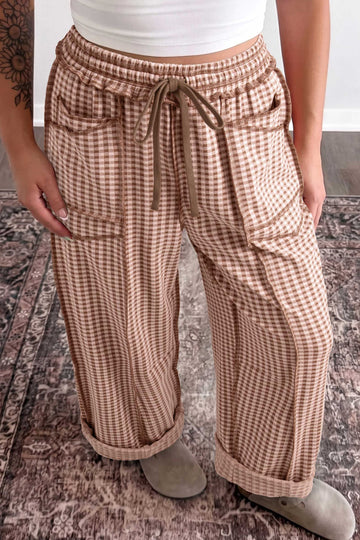 Brown Plaid Contrast Trim Drawstring Elastic Waist Shift Pants