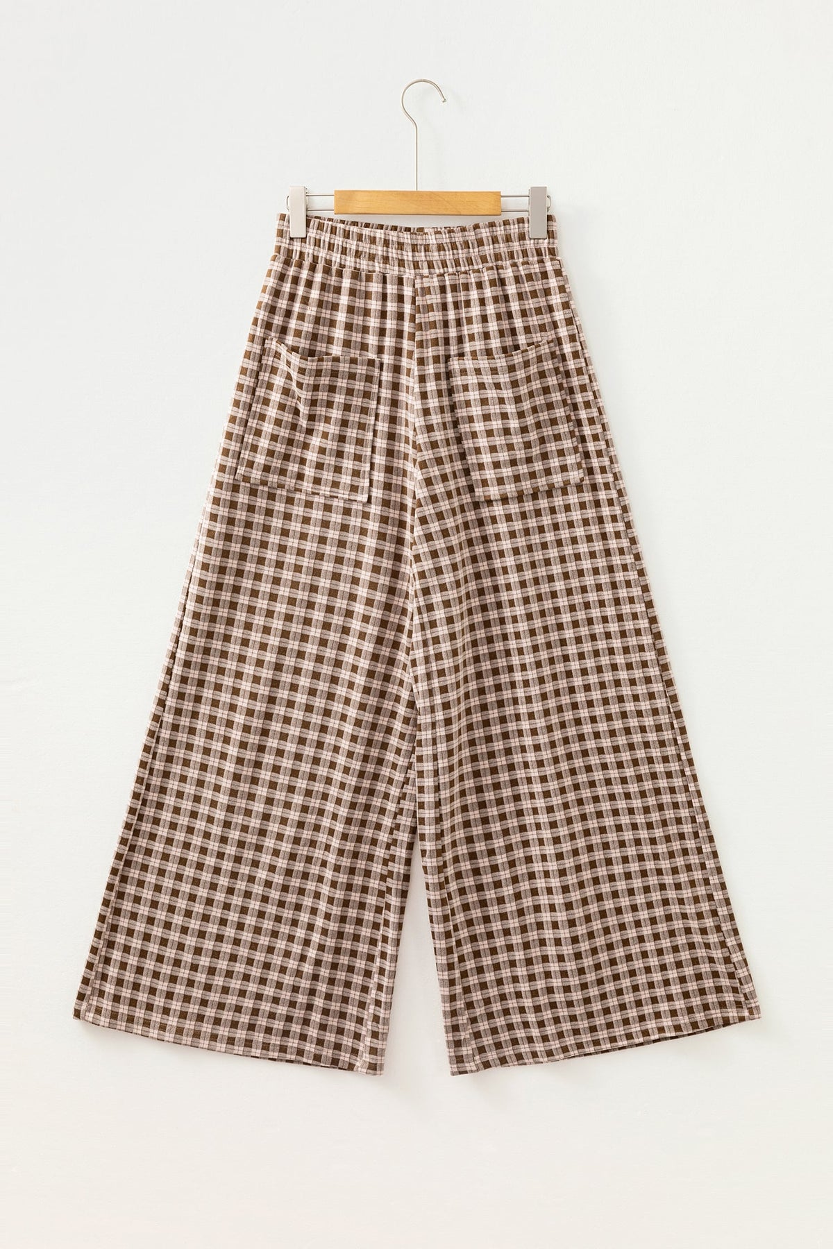 Brown Plaid Elastic Waist Patch Pocket Wide Leg Pants