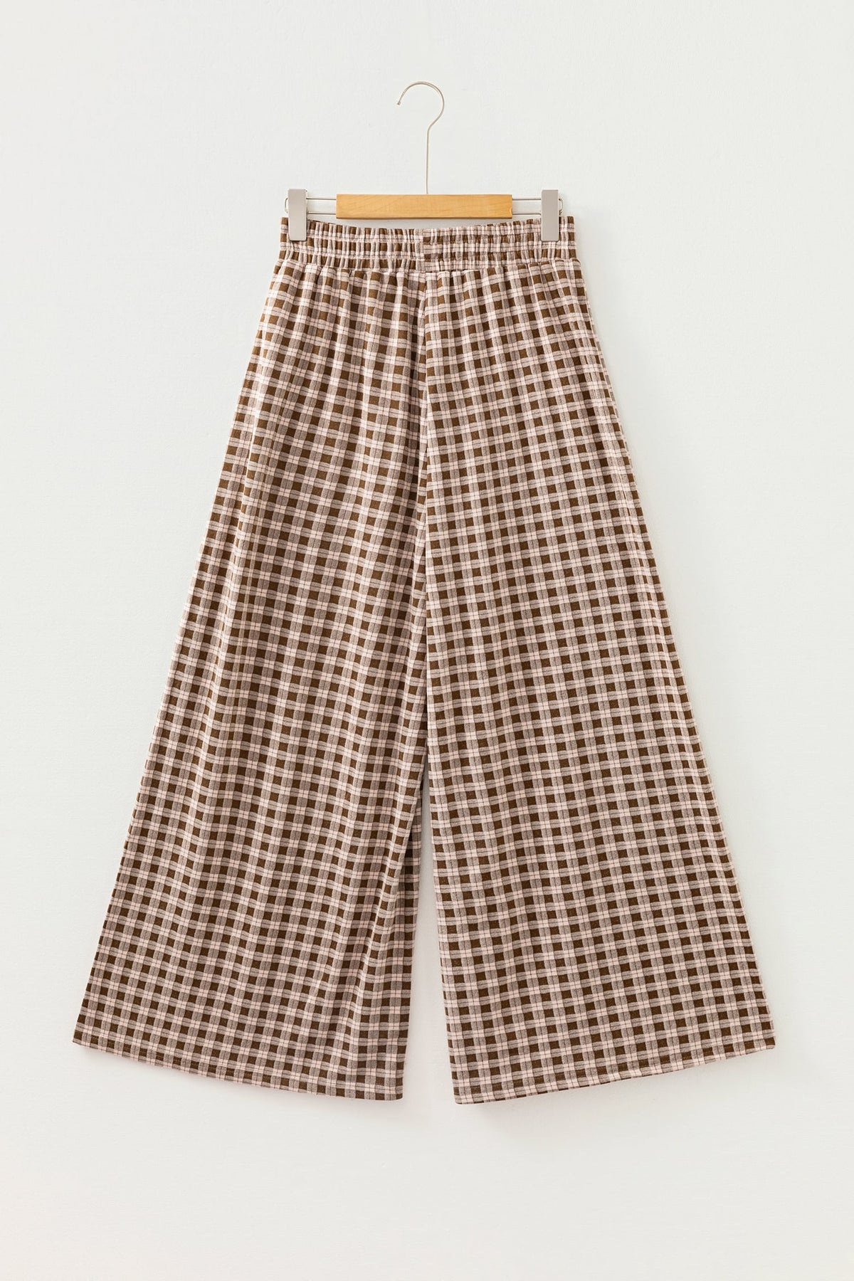Brown Plaid Elastic Waist Patch Pocket Wide Leg Pants