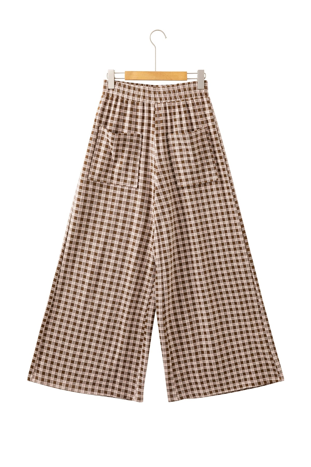 Brown Plaid Elastic Waist Patch Pocket Wide Leg Pants