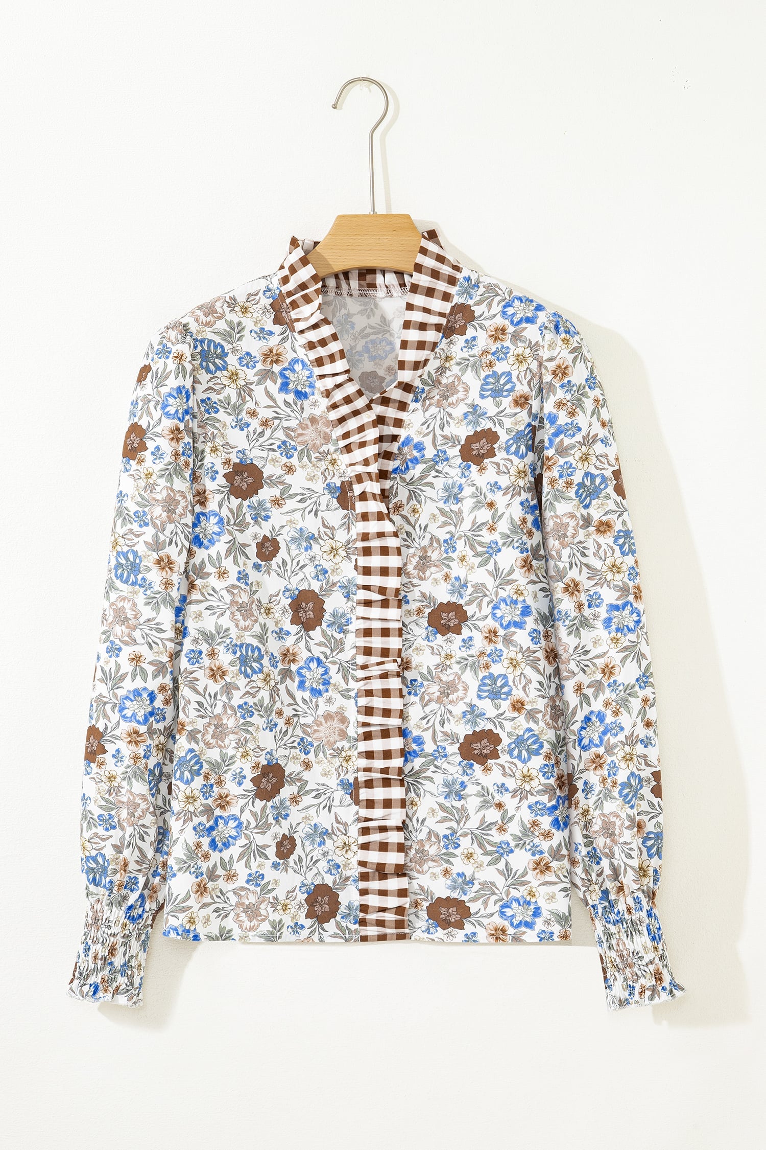 Brown Plaid Frilled Trim V Neck Floral Long Sleeve Blouse